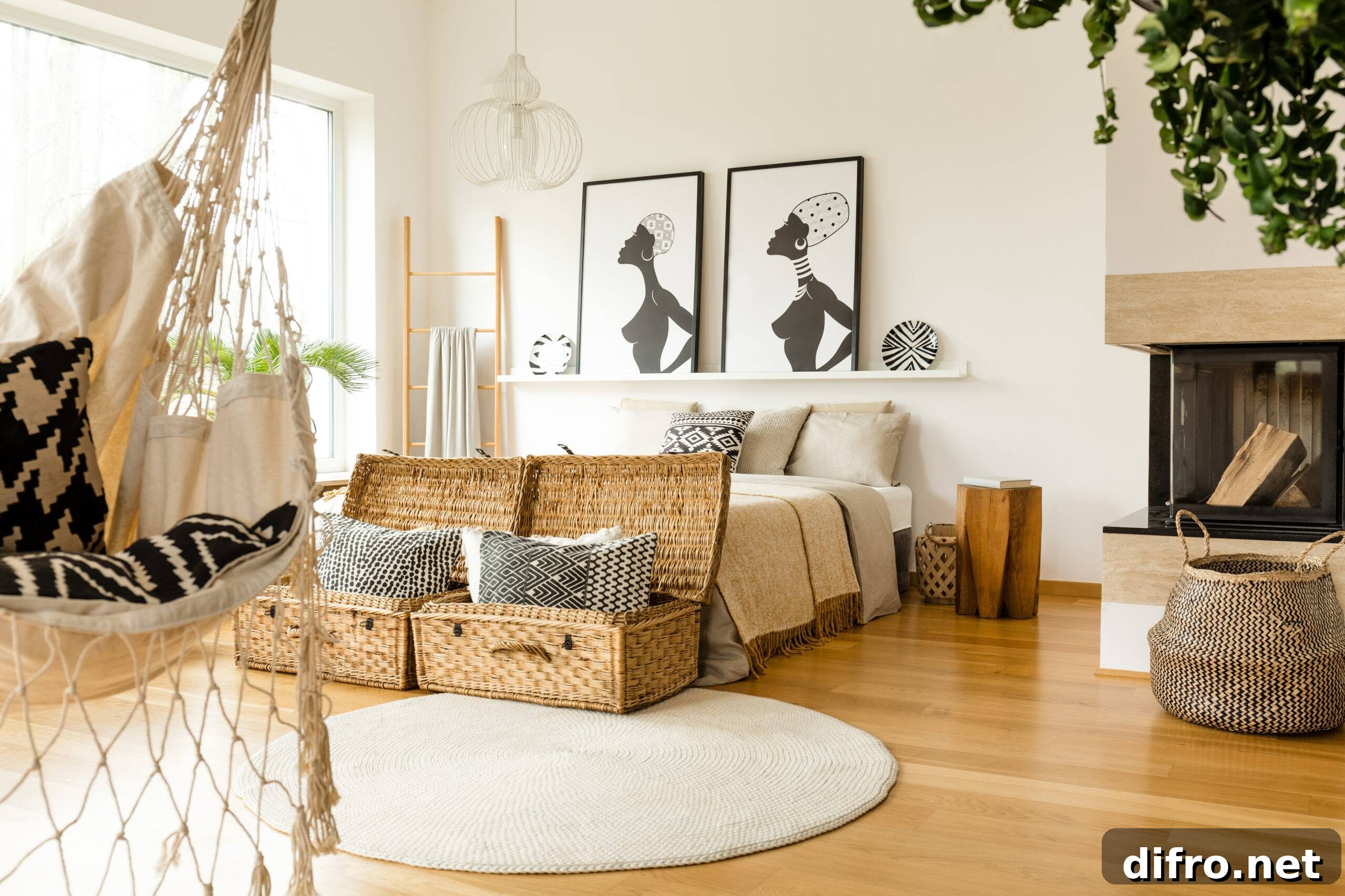 Patterned pillows in hammock in boho bedroom interior with african posters above bed