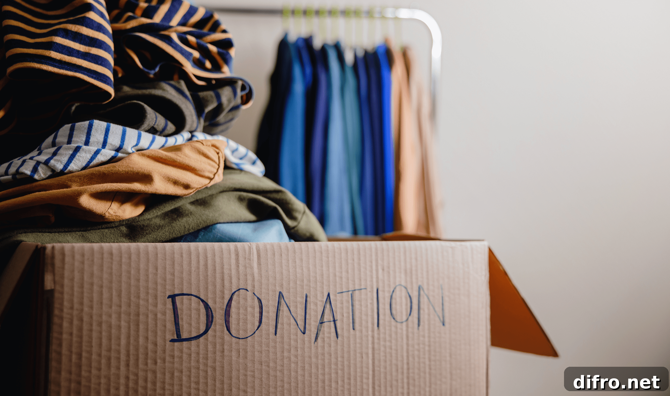 A close shot of a cardboard box full of clothes with "Donation" written on the side.