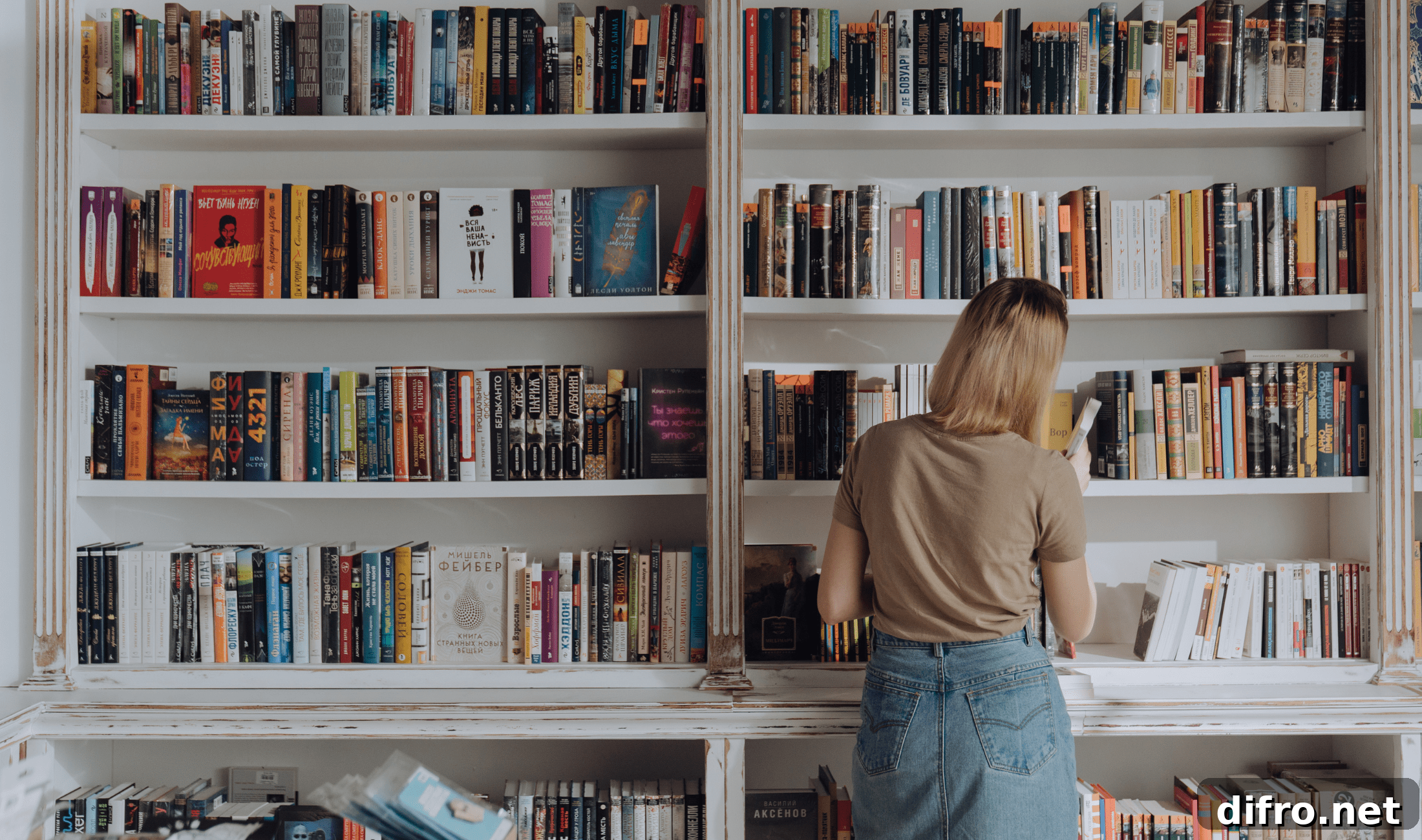 A woman standing in front of a full wall-sized white bookshelf unit.