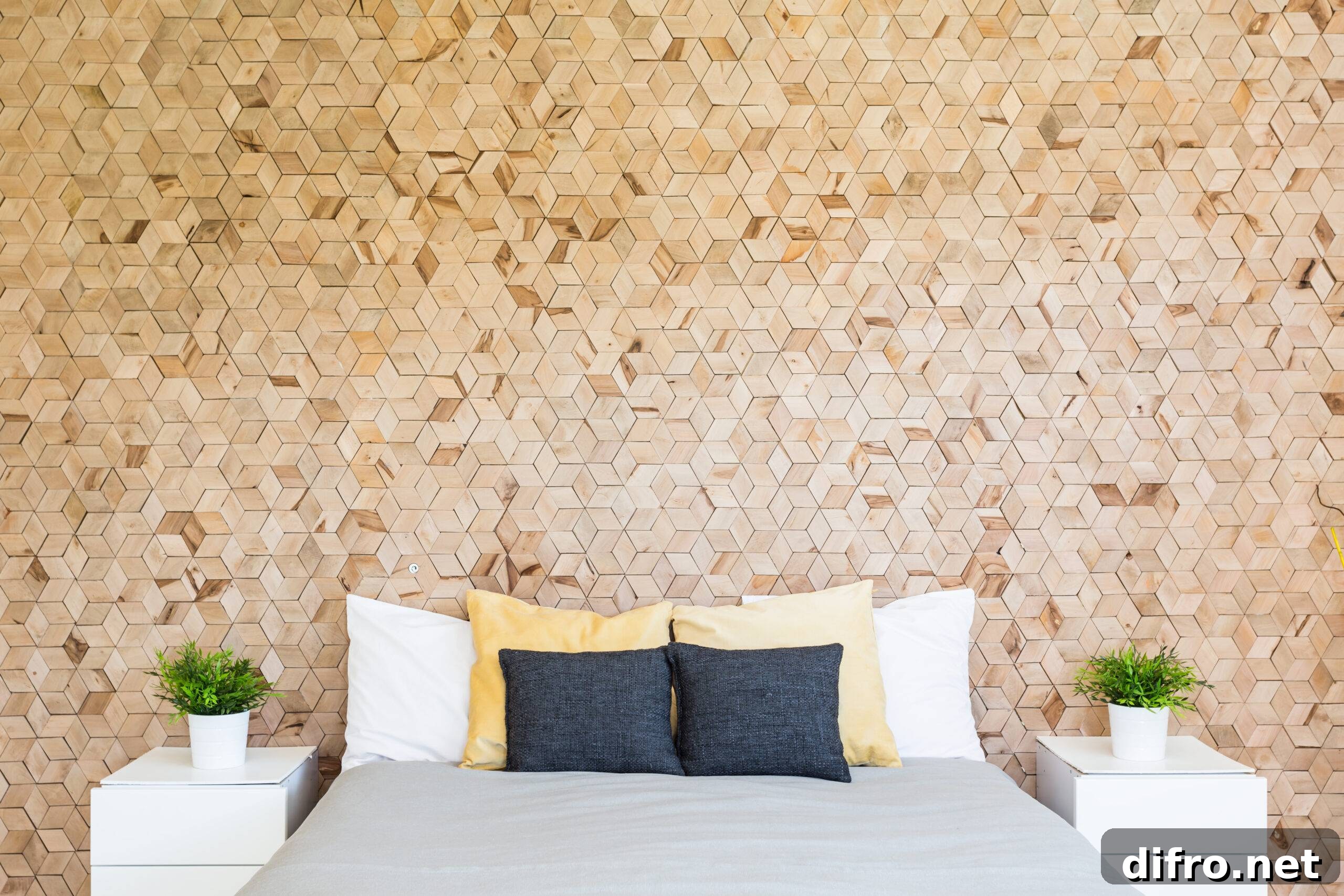 Modern eco-friendly bedroom with corkboard and big bed
