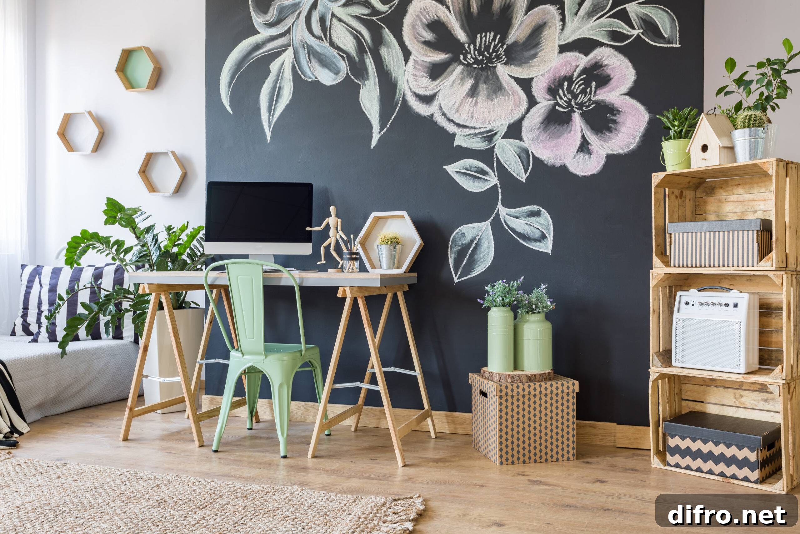 Home workspace with a chalkboard wall, a large floral drawing on it.