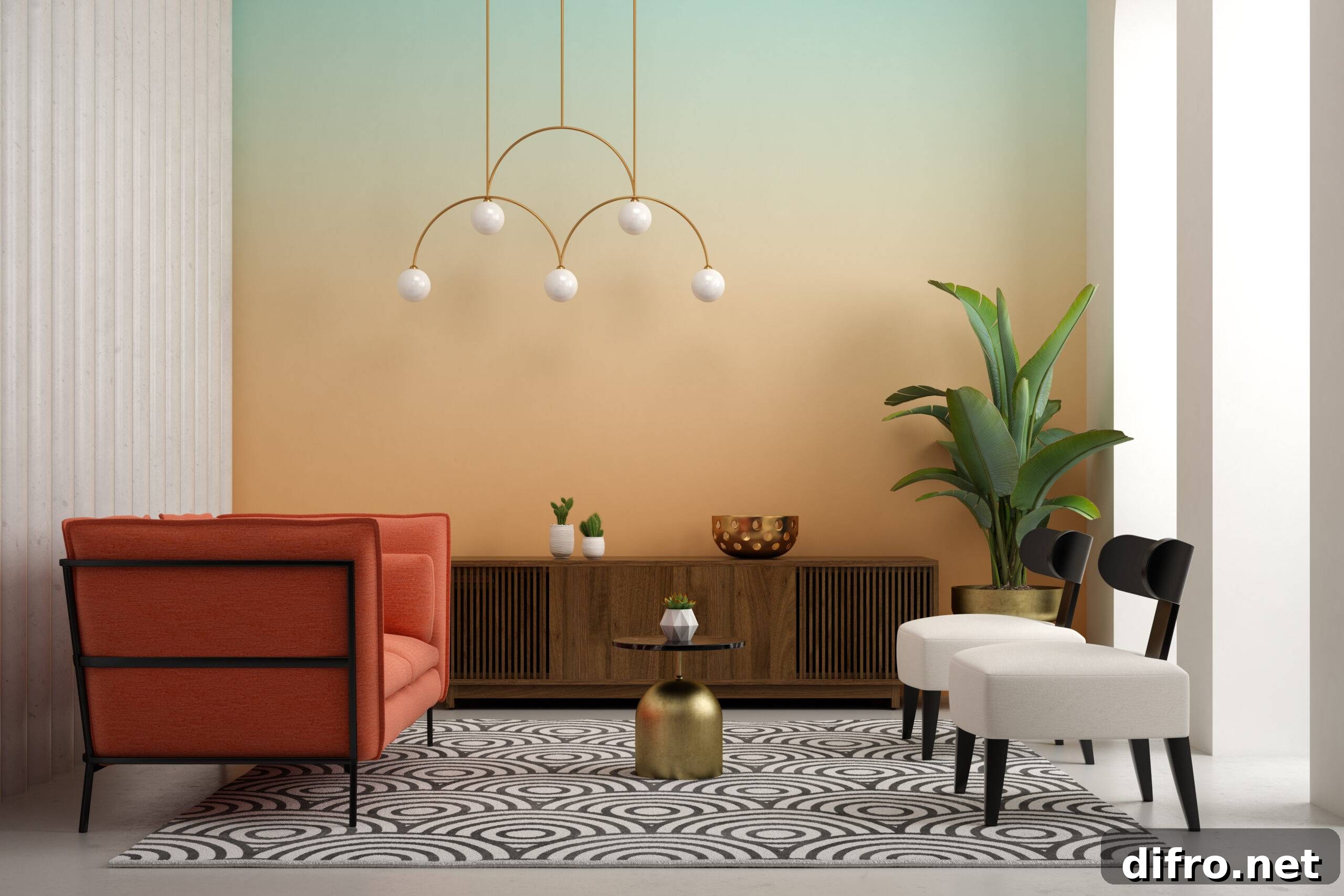 conceptual interior room 3 d illustration with an ombre teal-to-orange wall.