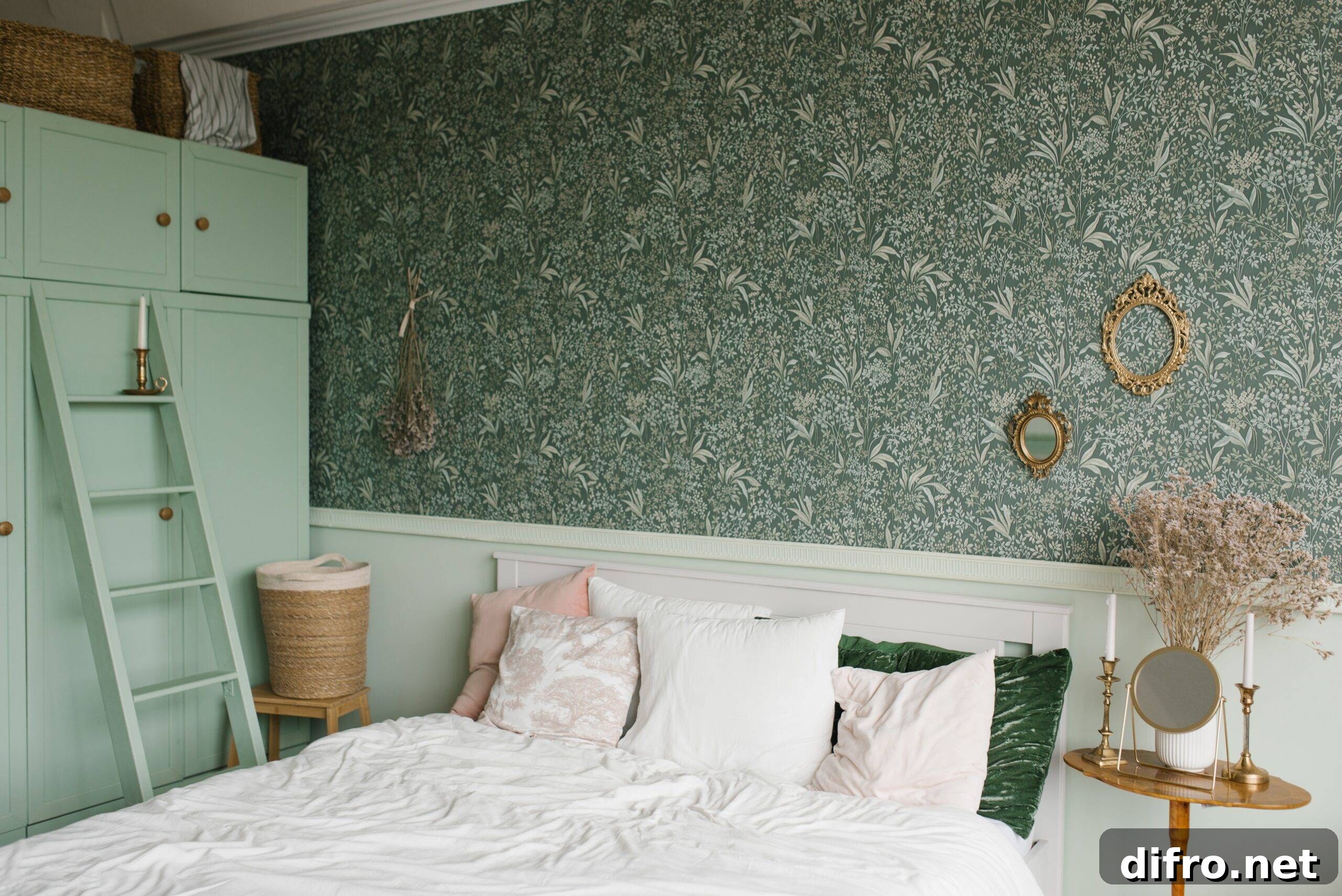 The interior of a classic bedroom. A bed with pillows and a wooden bedside table with dried flowers in a vase
