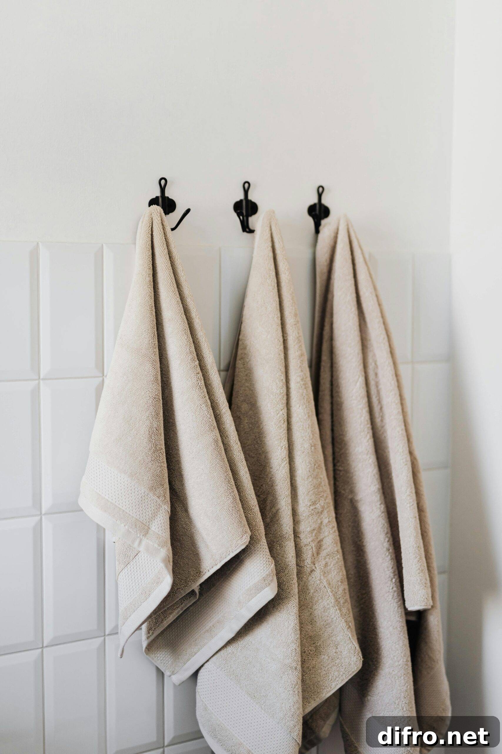 Towels on hooks on the wall.