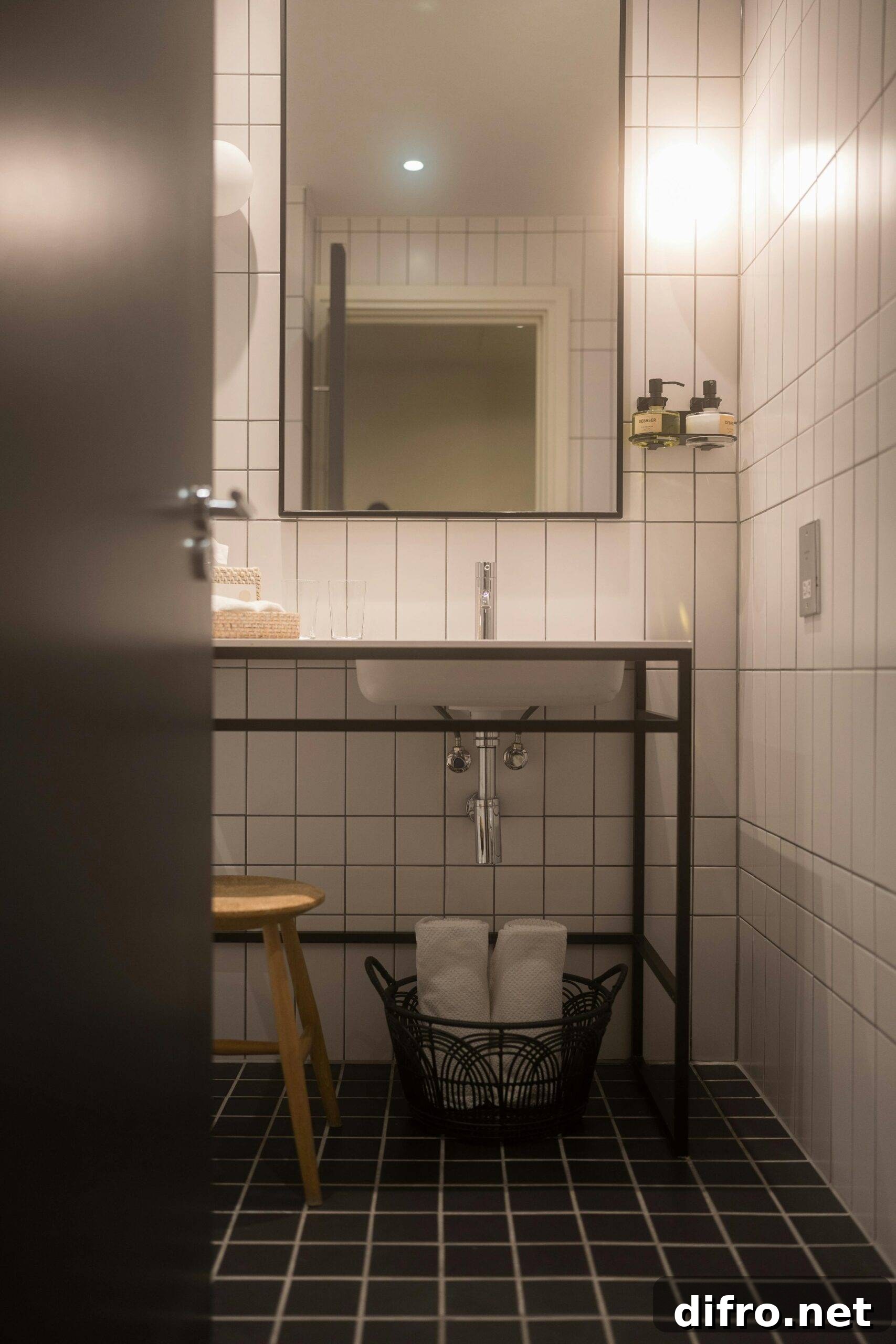 A bathroom sink with a tower basket beneath it.