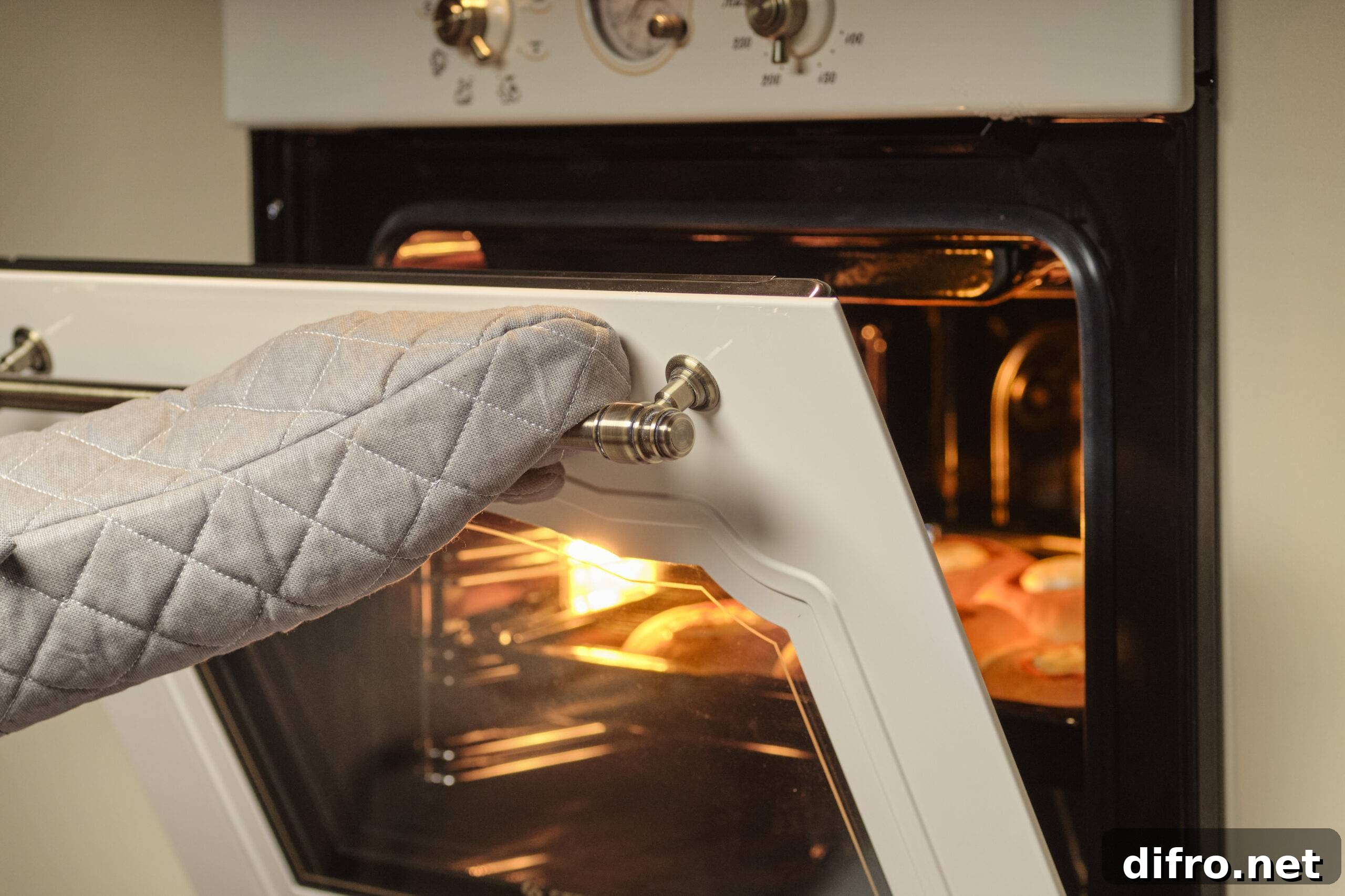 A hand wearing an oven mitt opens an oven door.