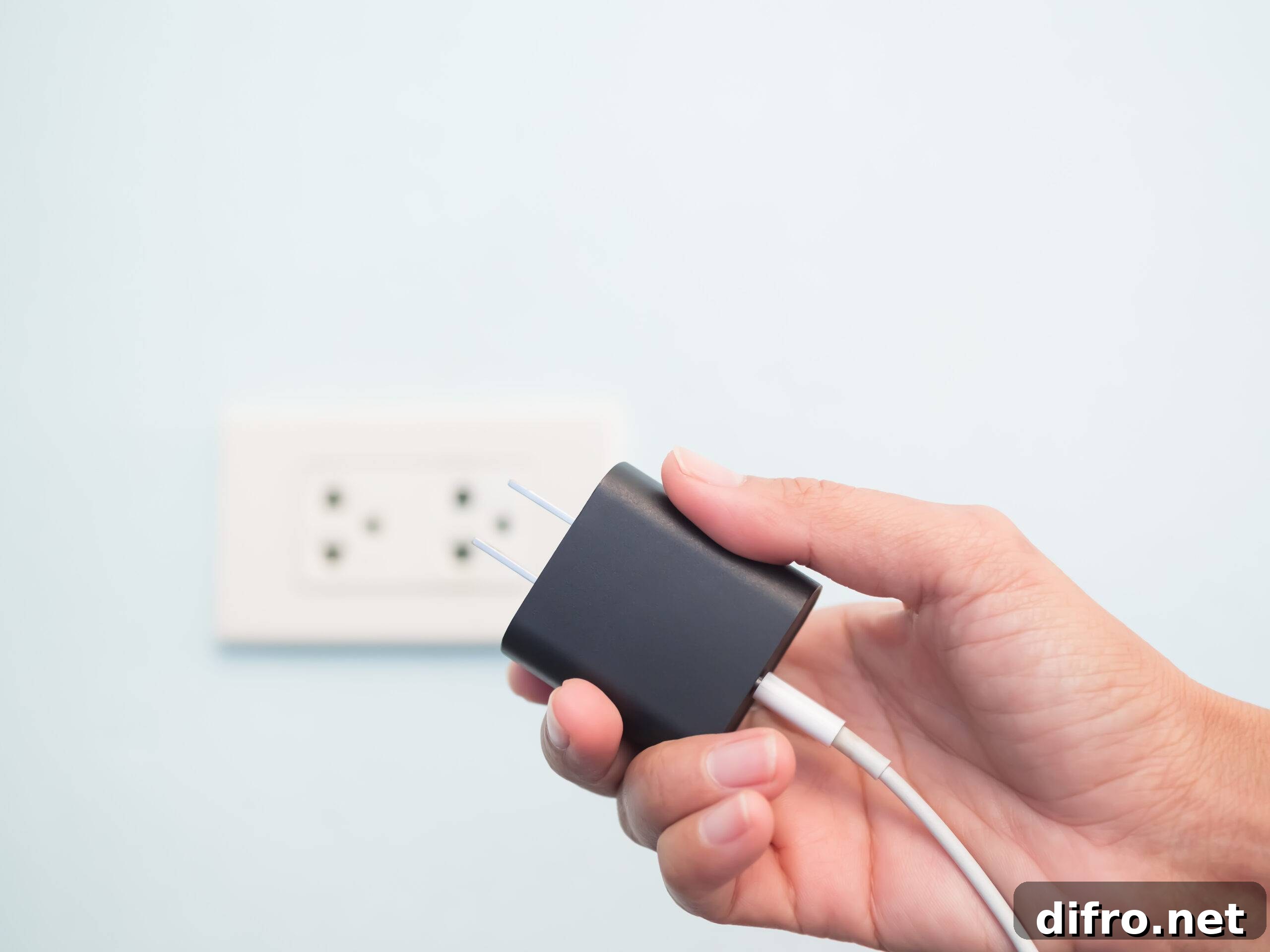 A hand holding a phone charging block in front of a wall outlet.