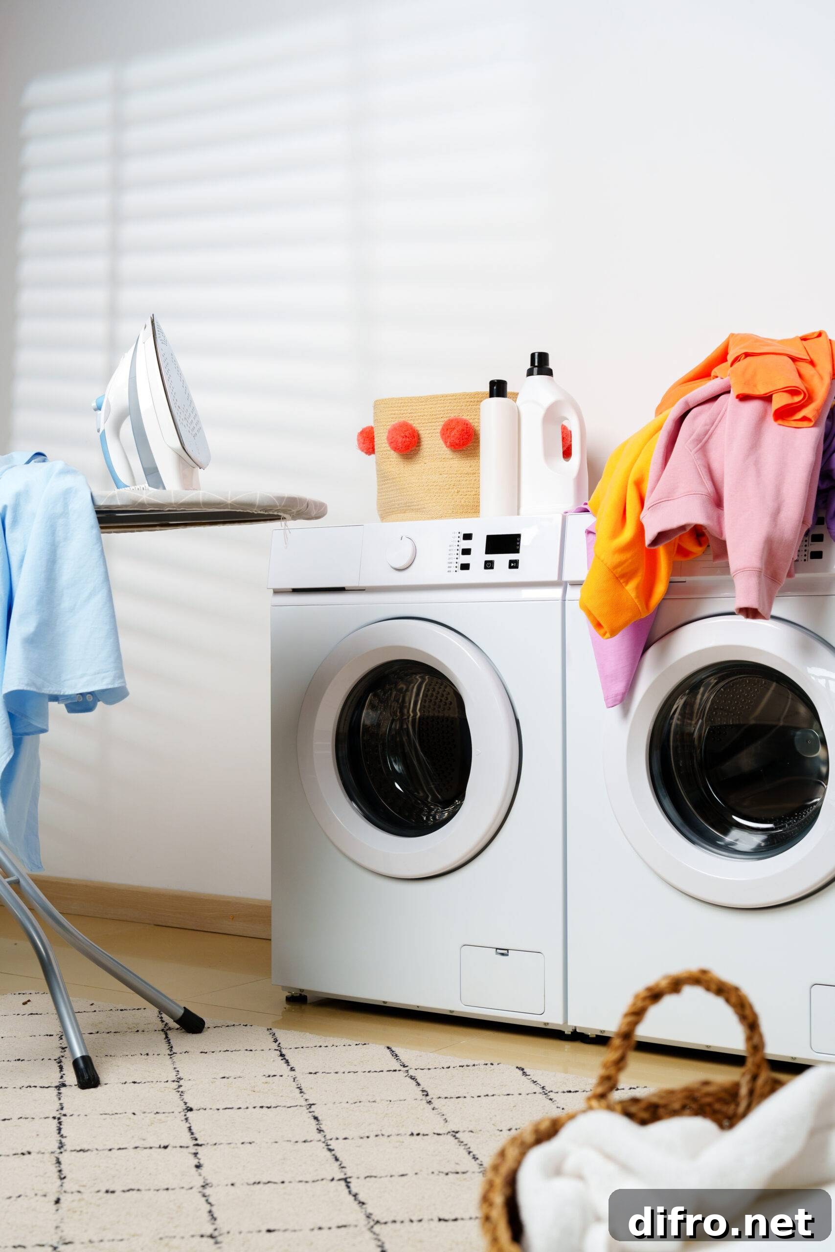 A washing machine and drying machine with clothes and detergent on top.