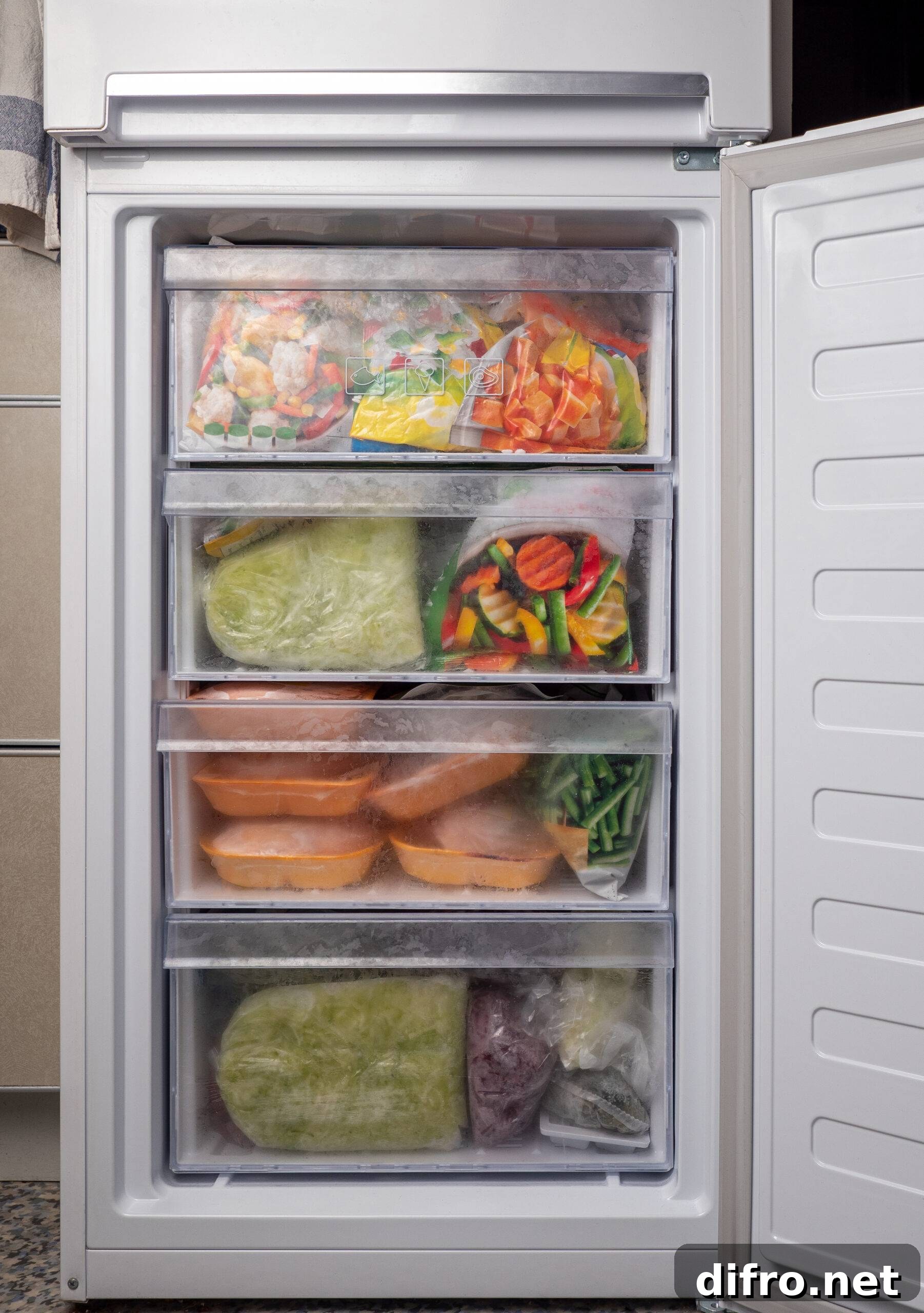 A freezer door open, full of food.