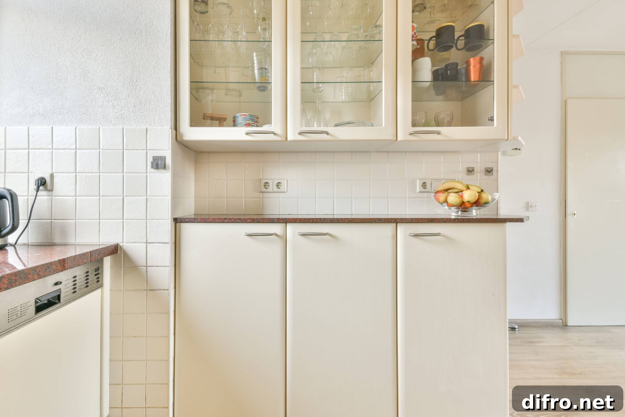 Kitchen in a new luxury home, hardwood floors, light cabinets with glass doors.