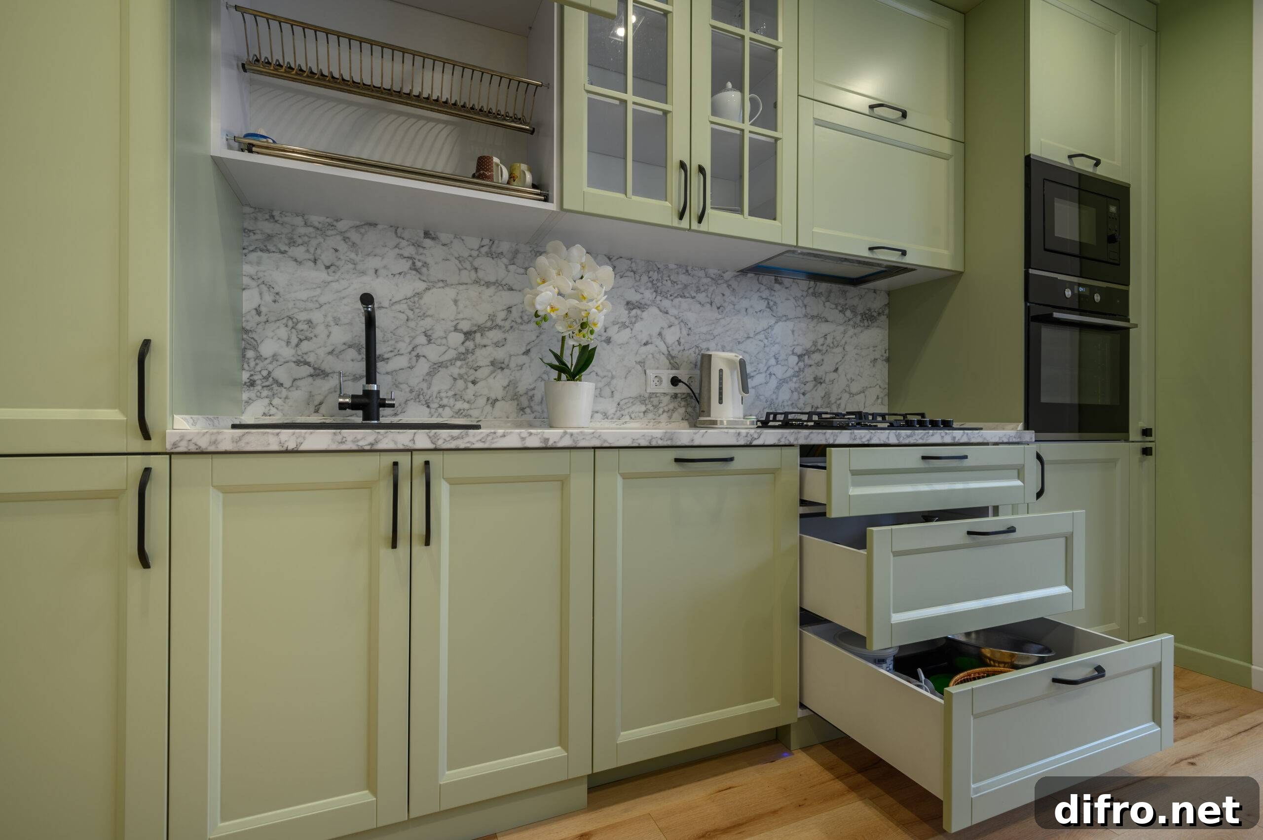 Modern trendy light green luxurious kitchen with dining table and dark green chairs, some drawers are retracted
