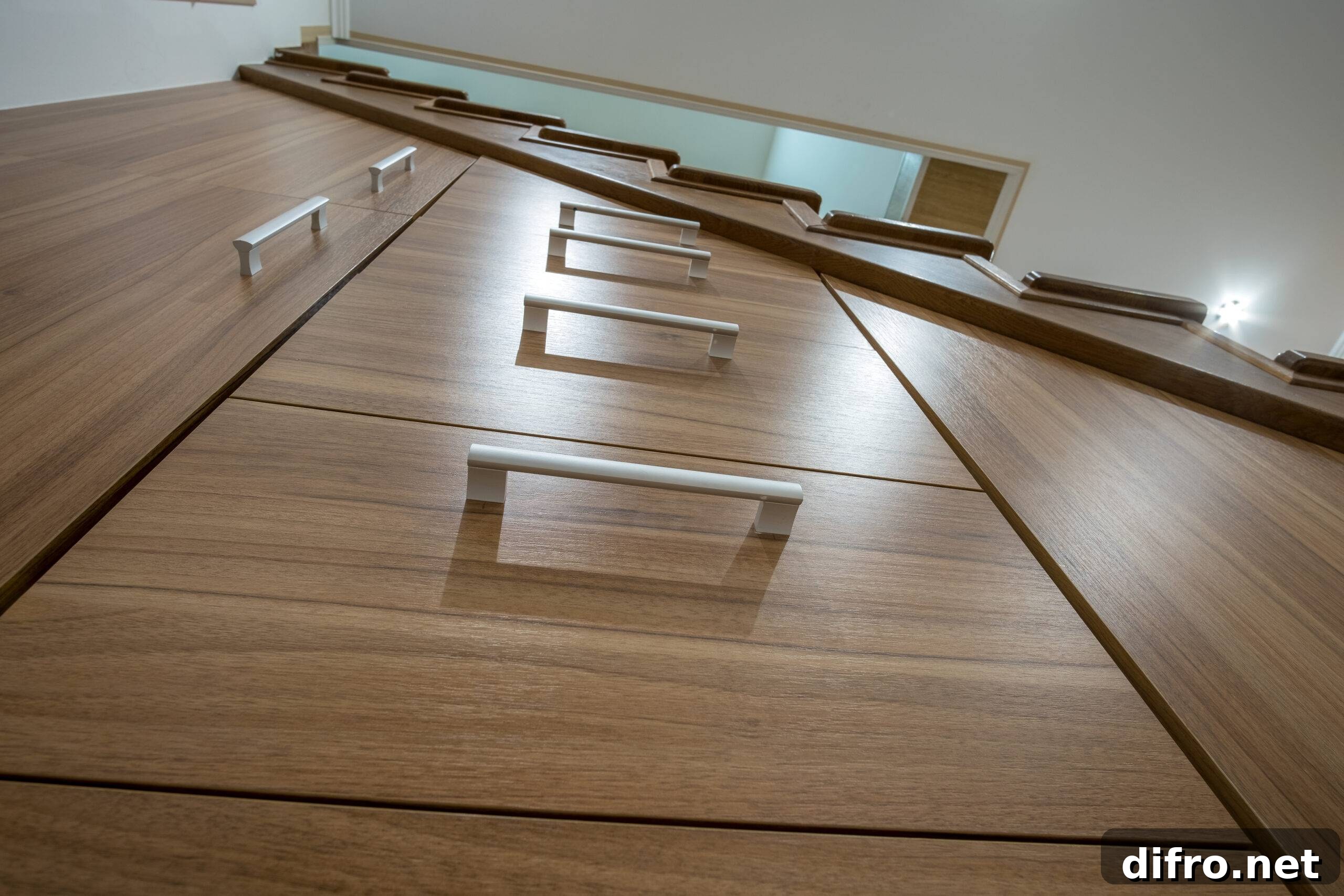 Modern architecture interior with luxury hallway with glossy wooden stairs in multi-storey house. Custom built pullout cabinets on glides in slots under stairs. Use of space for storage. 
