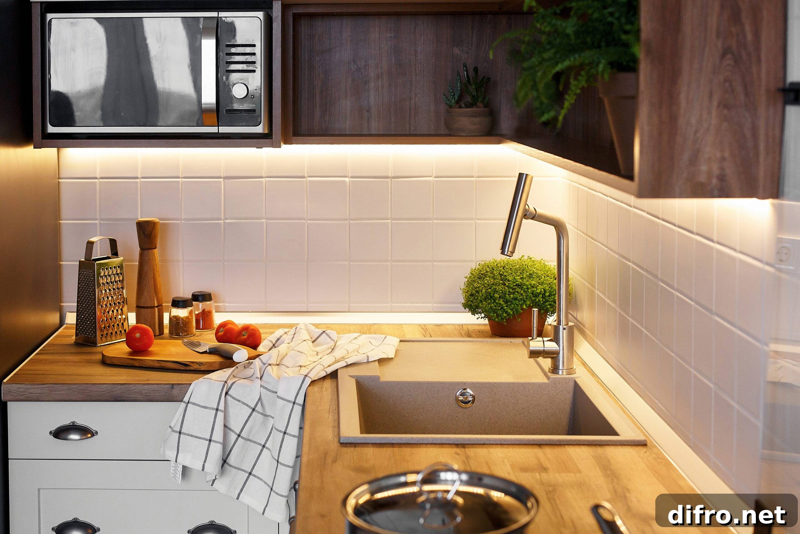 wooden board with knife, tomatoes, olive oil on modern kitchen countertop and near granite sink and steel faucet. cooking food. Stylish gray kitchen interior design in scandinavian style