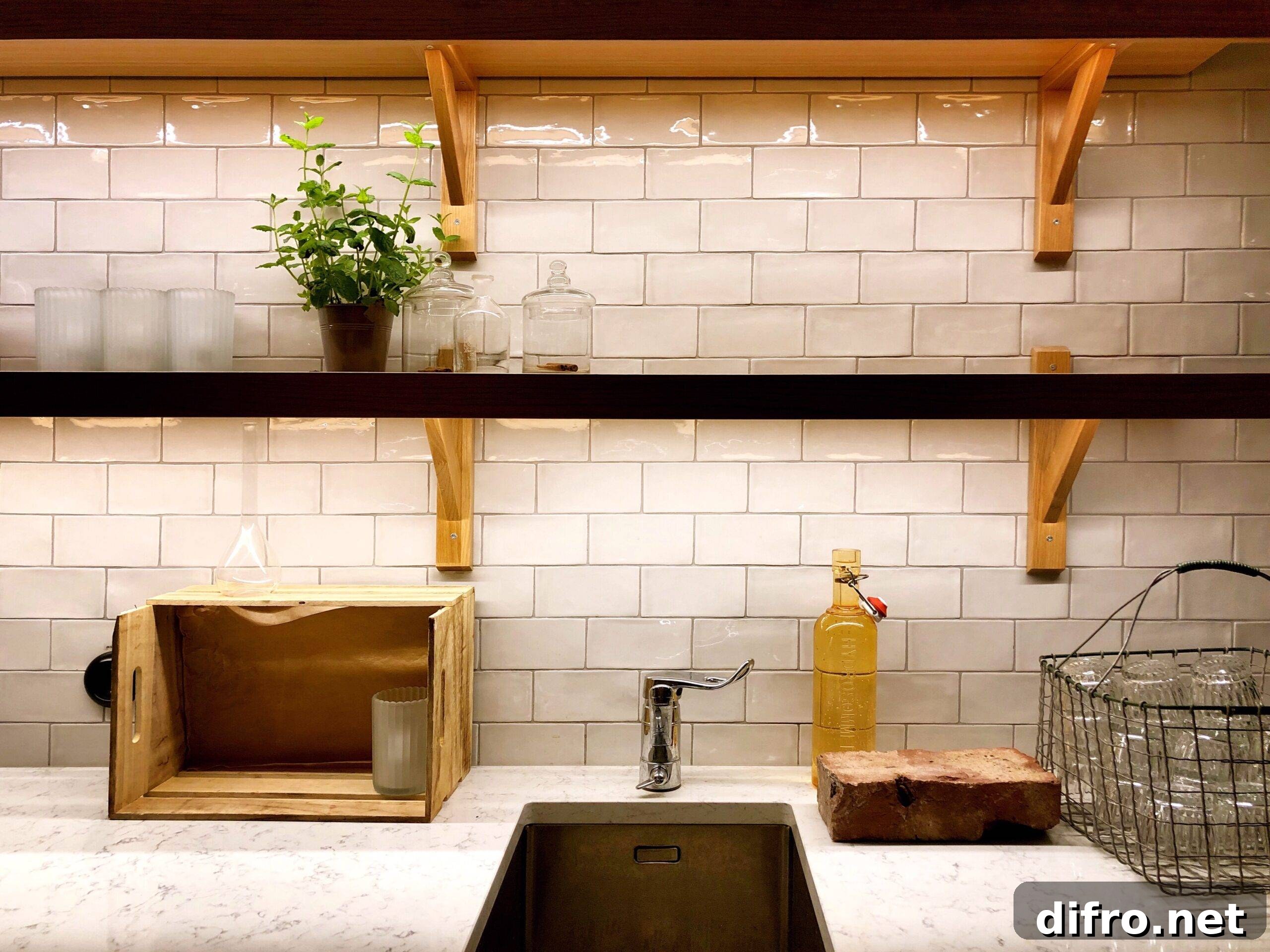 Some open shelves above a kitchen sink with a white tiled backsplash behind them.