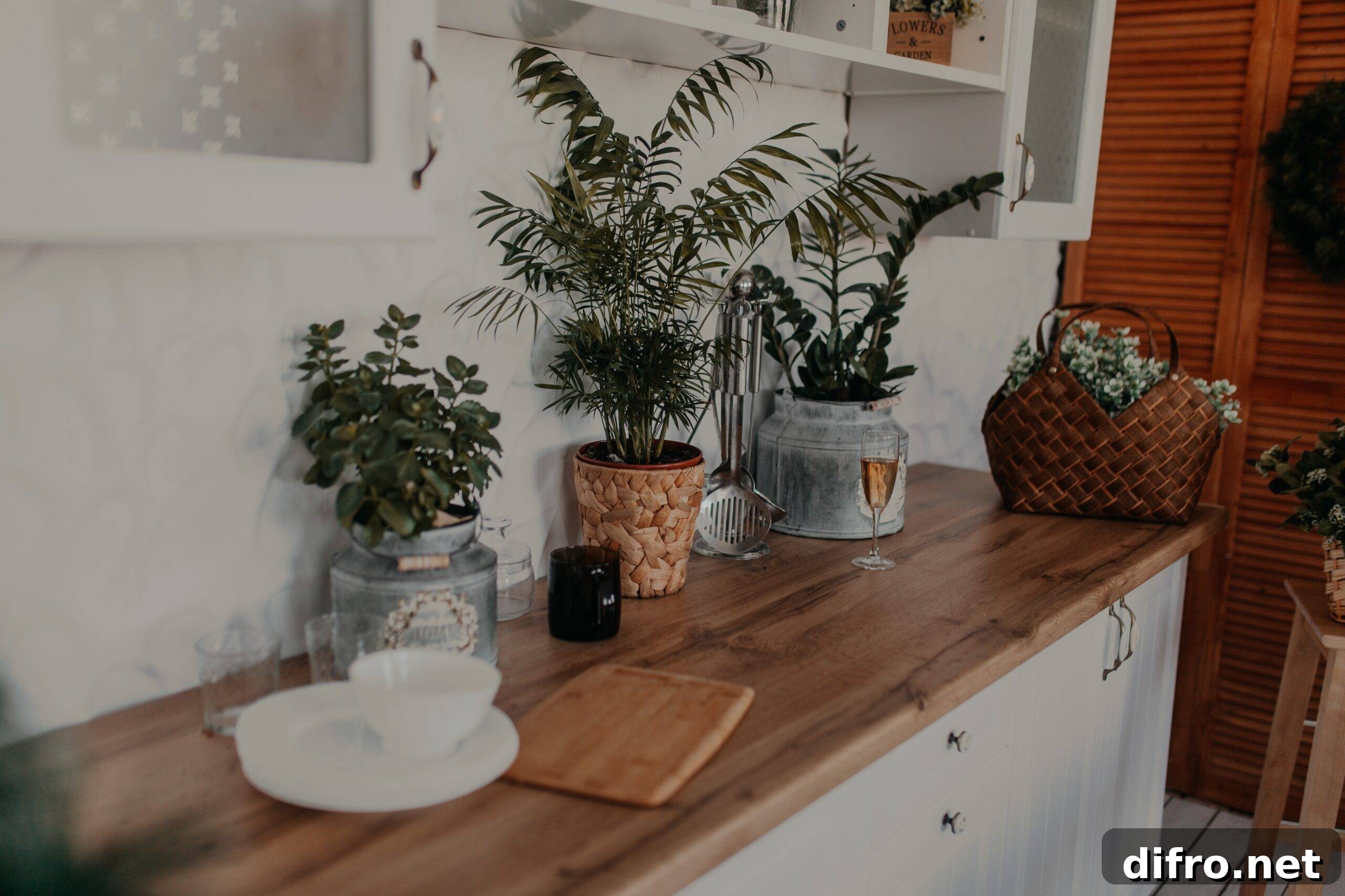 A kitchen counter adorned with a few potted plants.