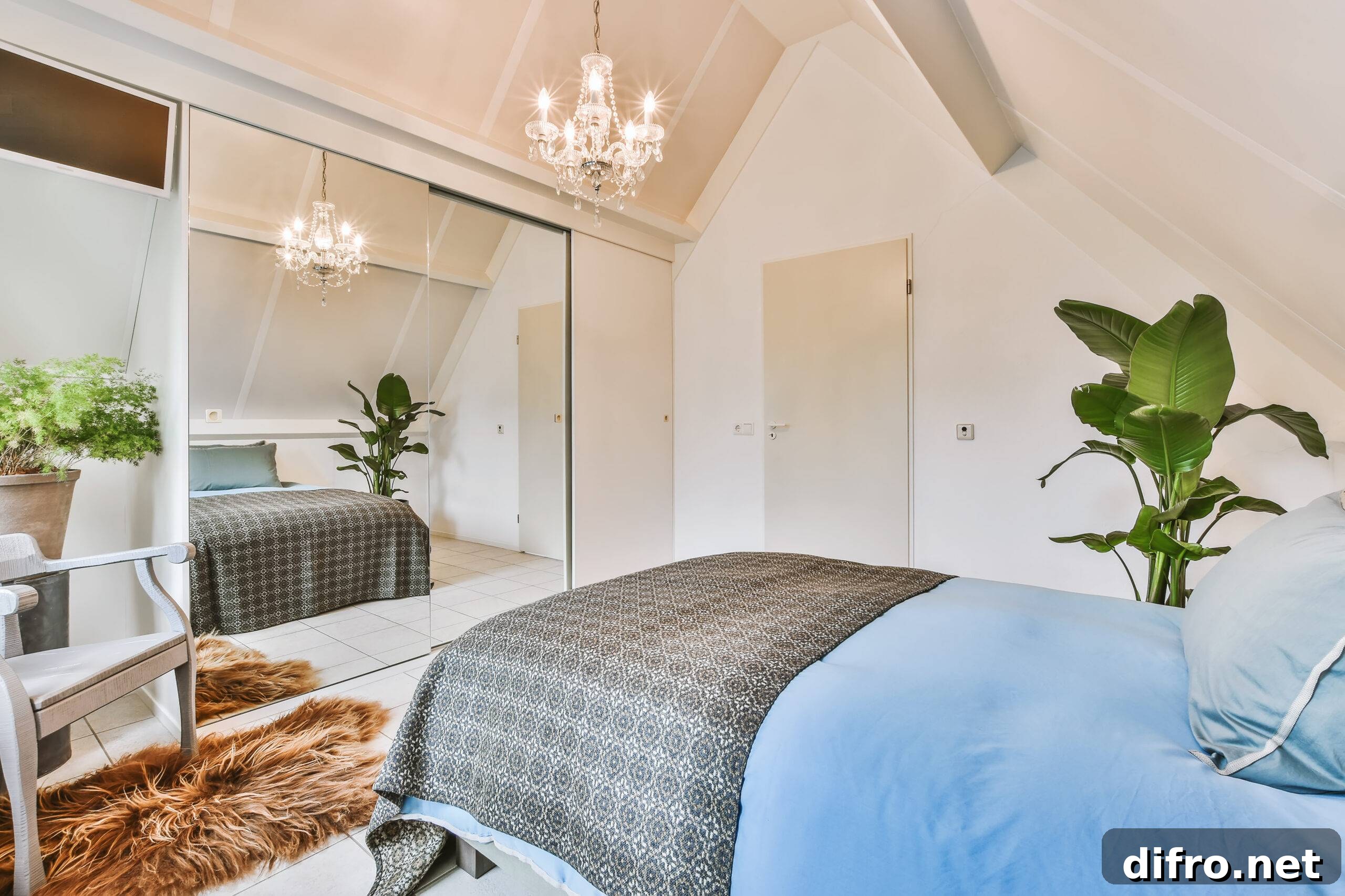 Interior of a cozy and bright bedroom with beautiful decoration