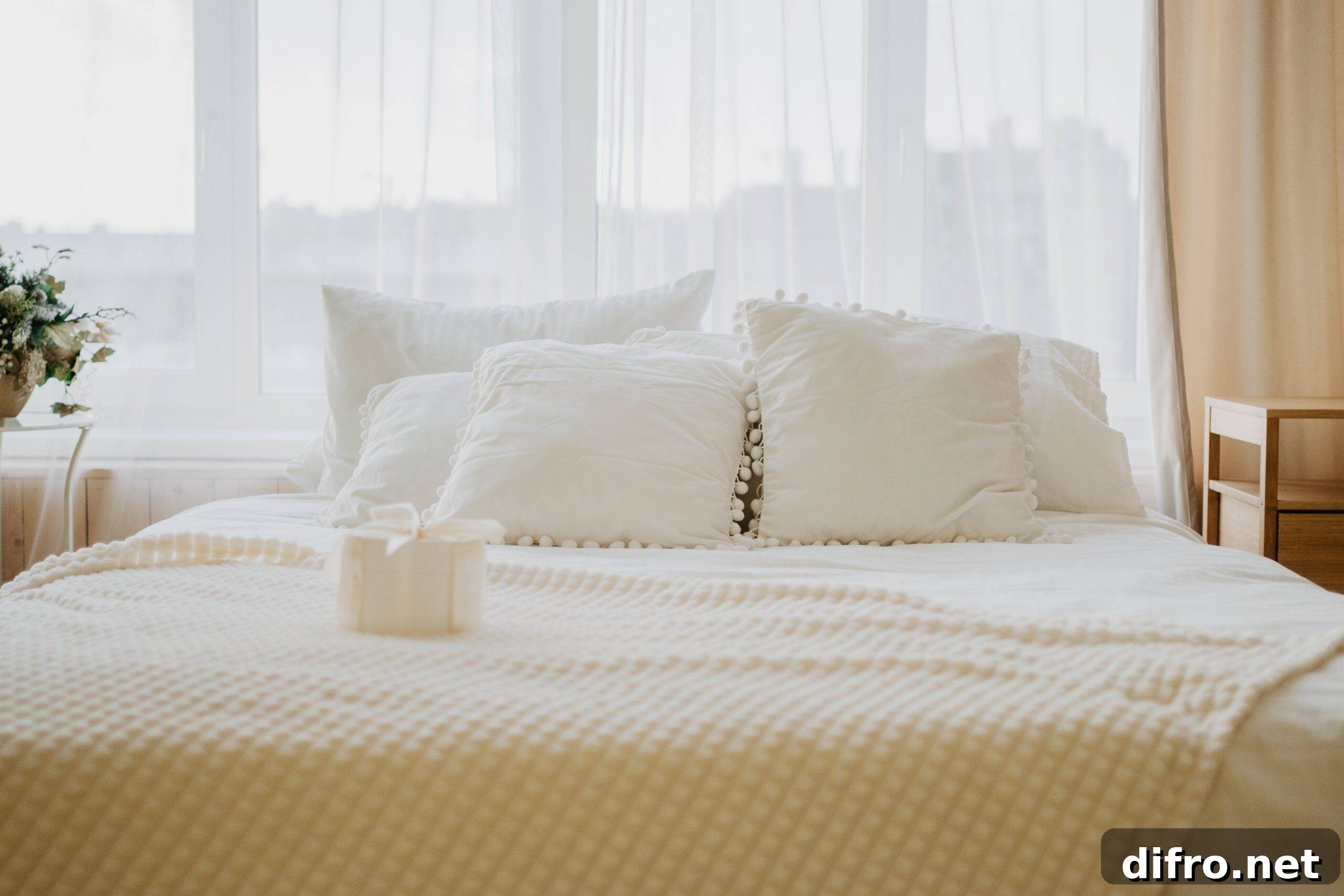 A bed with a soft, white, textured bedspread.