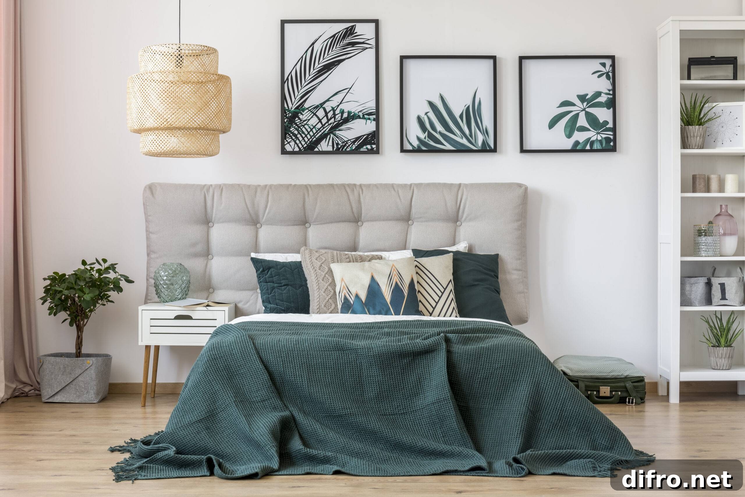 Rattan lamp above bed with green bedding and grey bedhead in bedroom interior with leaves posters