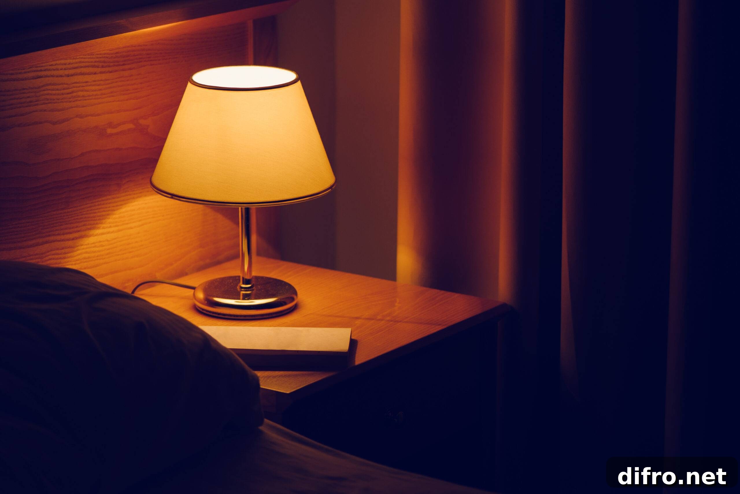 Electric lamp and book on bedside table in bedroom, selective focus