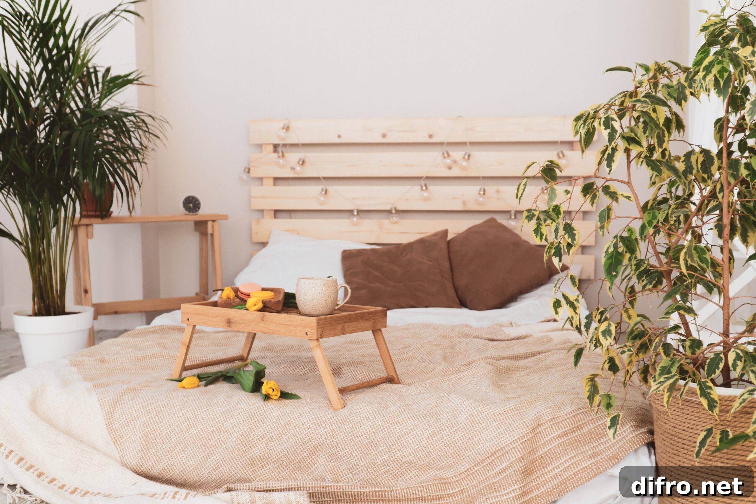 A bed with a light, wooden headboard, one that looks DIY.