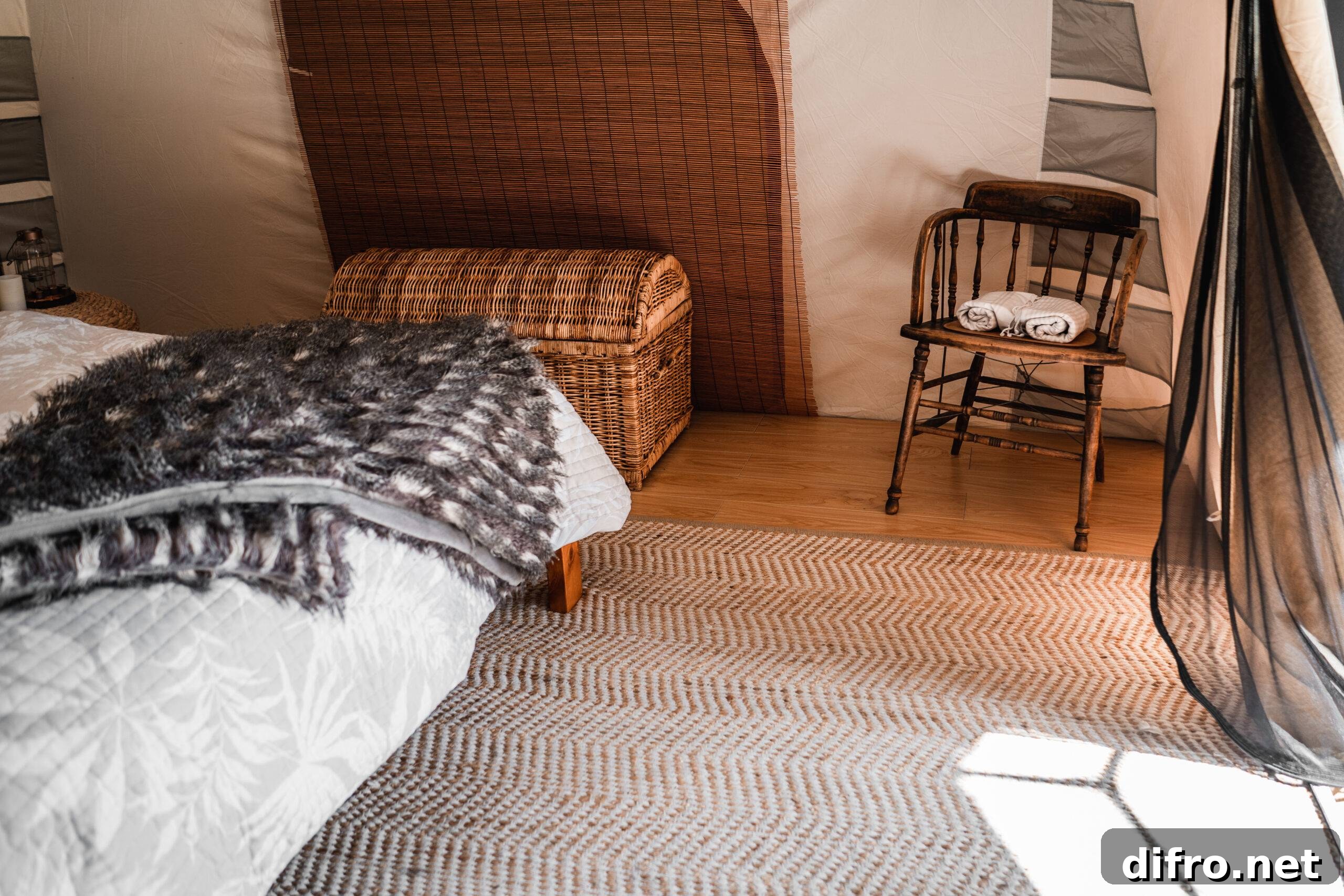 Comfortable bedroom with mat near big bed in tent