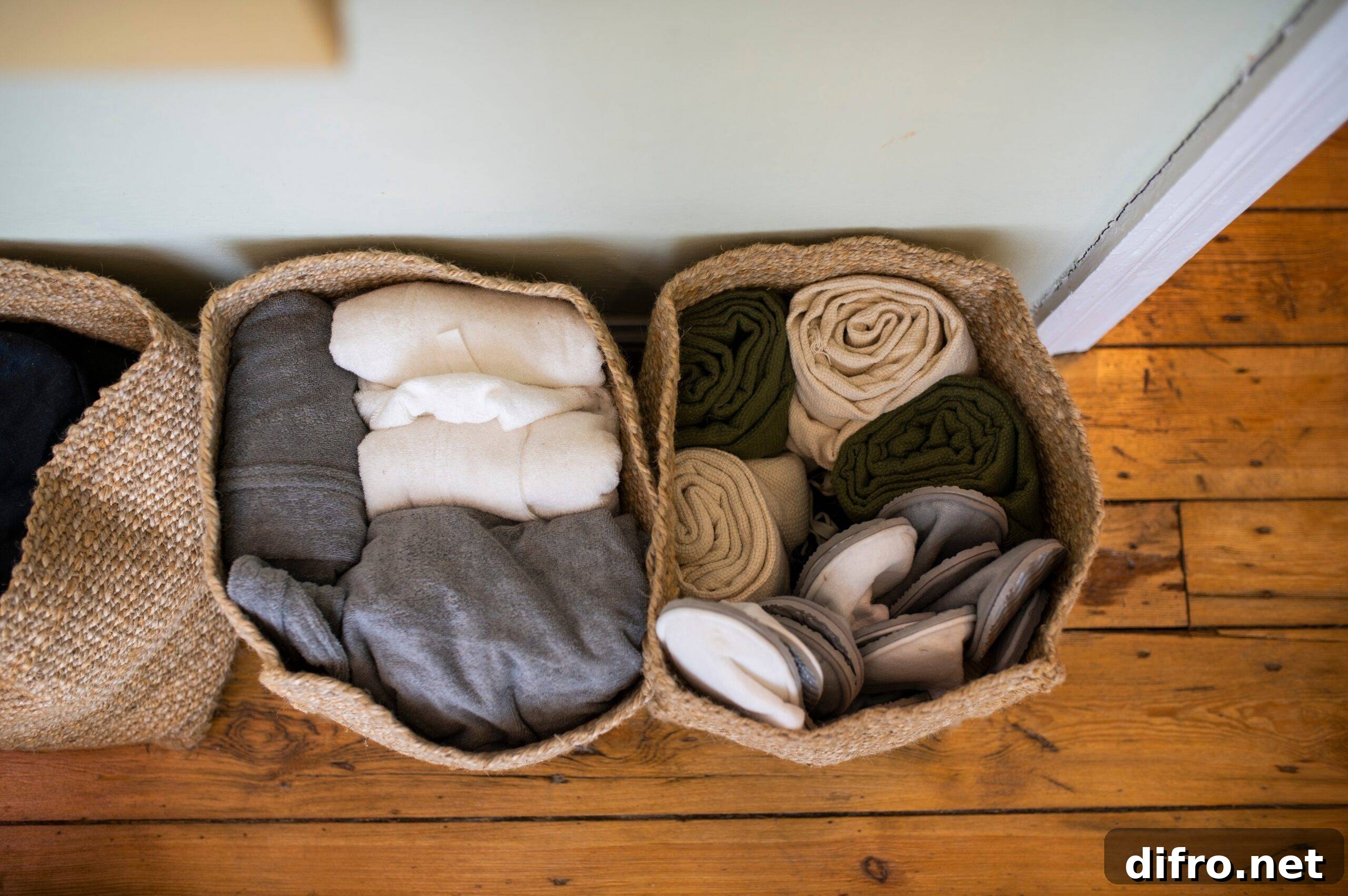 An overhead shot of a new soft baskets filled with folded clothes, the baskets sitting on the floor.