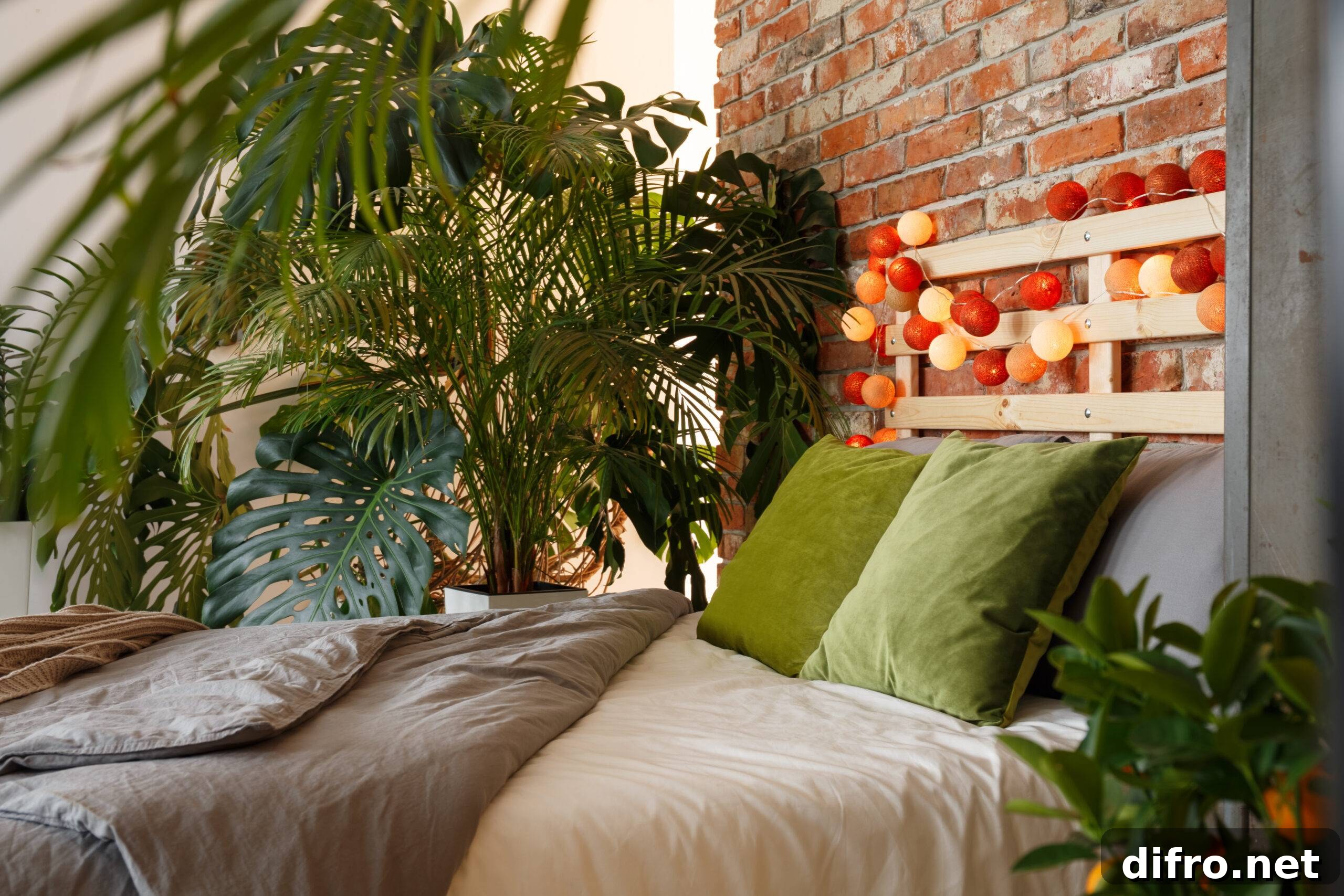 A photo of the back half of a bed surrounded by large, leafy plants.