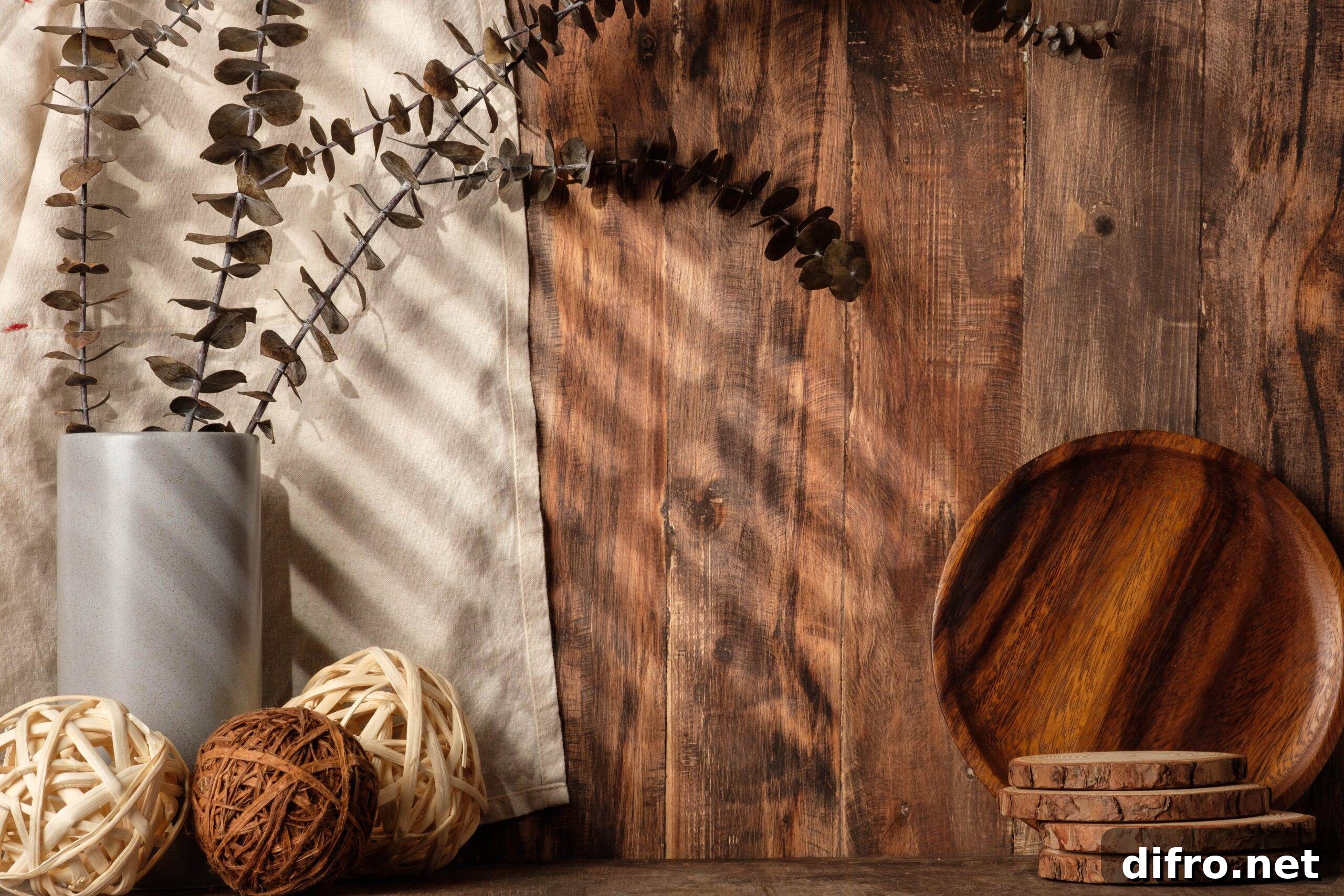 A wood-paneled wall with some natural wood and wicker decor in front of it.