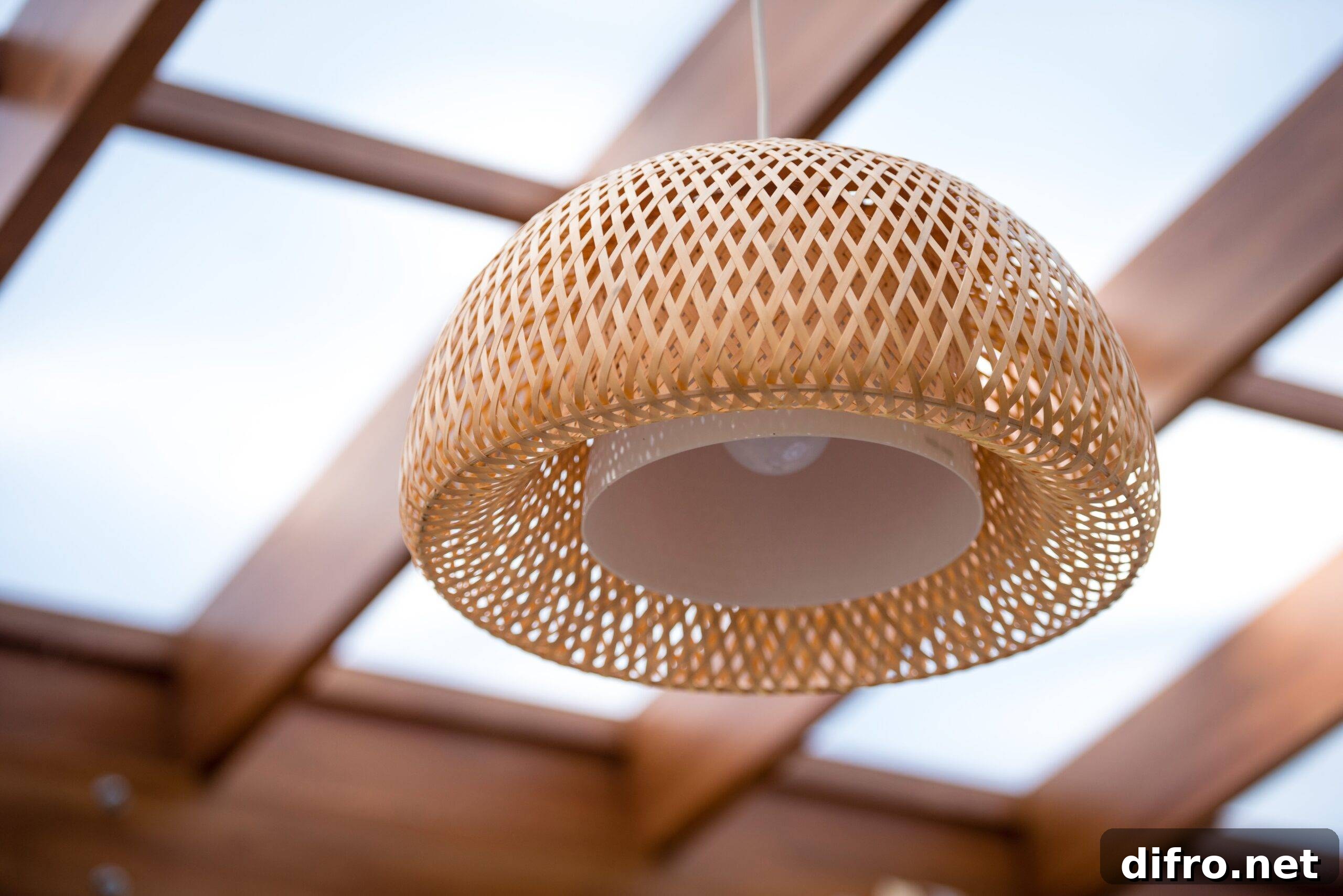 Interior of the outdoor terrace with a wicker wood ceiling lamp.
