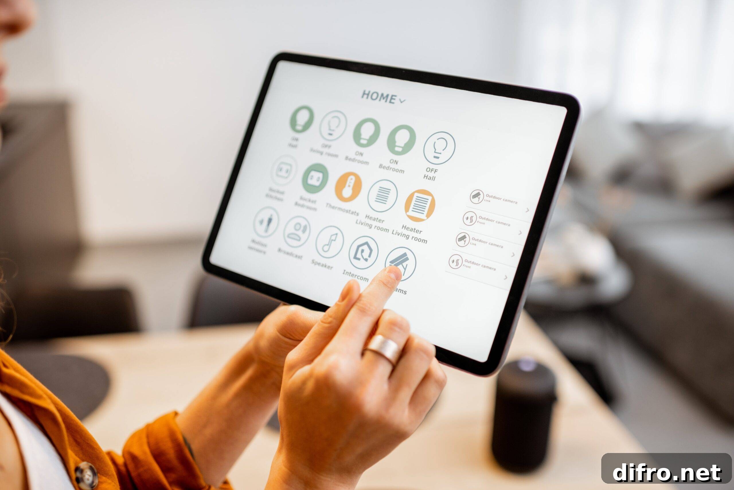 A woman holding up a tablet with a number of smart home controls up on the screen.