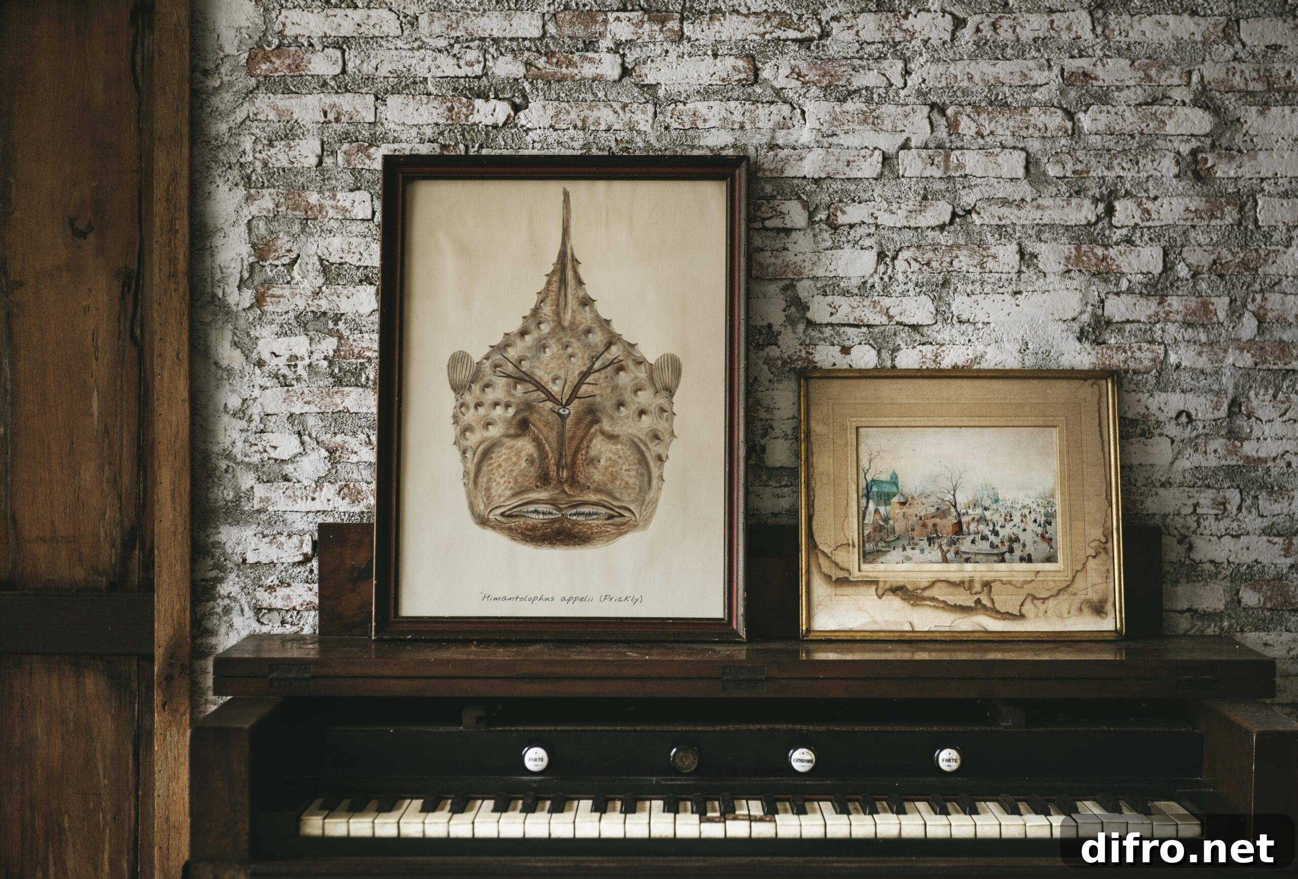 Two pieces of art in older frames resting on top of a piano against a brick wall.