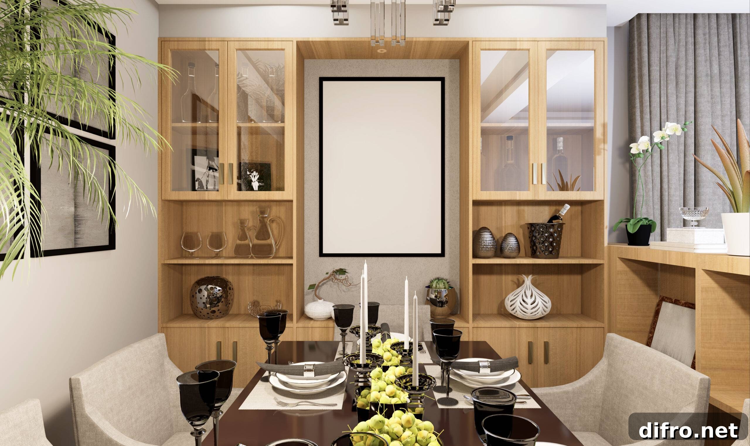 3D illustration mockup large board with frame in dining room at home or restaurant, scandinavian style interior pastel colors and decoration with cute furniture and comfortable, rendering