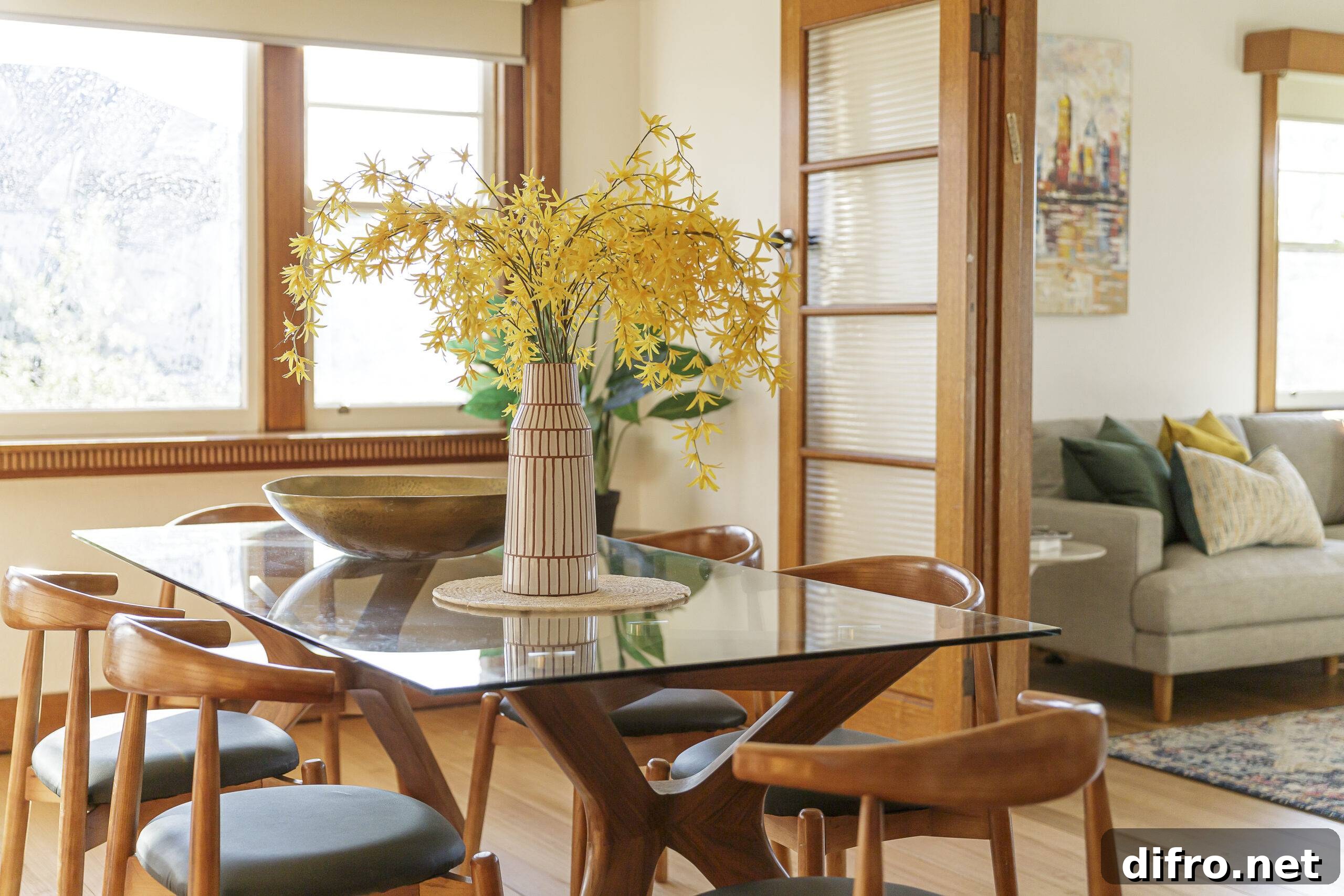 A glass-top dining table in a modern room with mid-century modern inspired design.