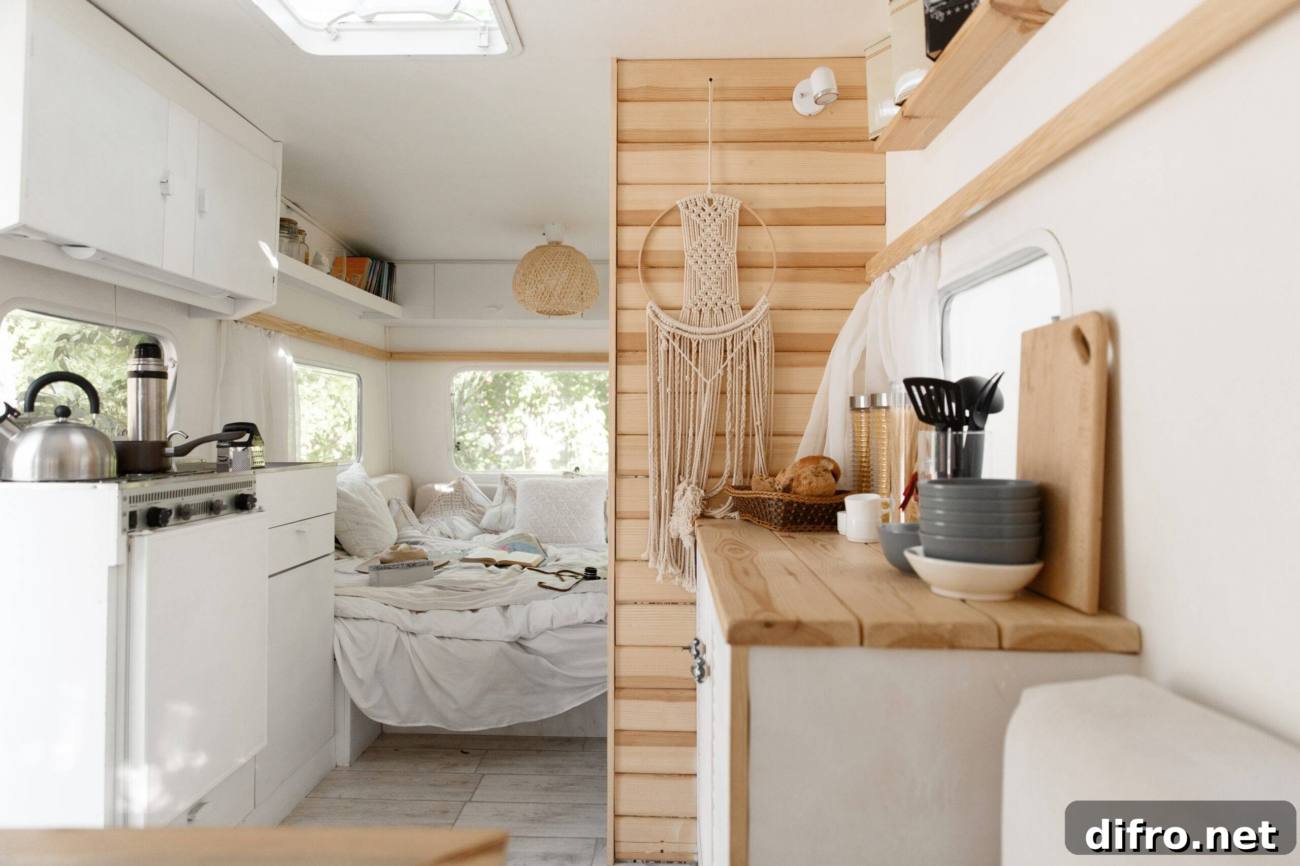 Camping in a trailer, rv kitchen and bedroom.