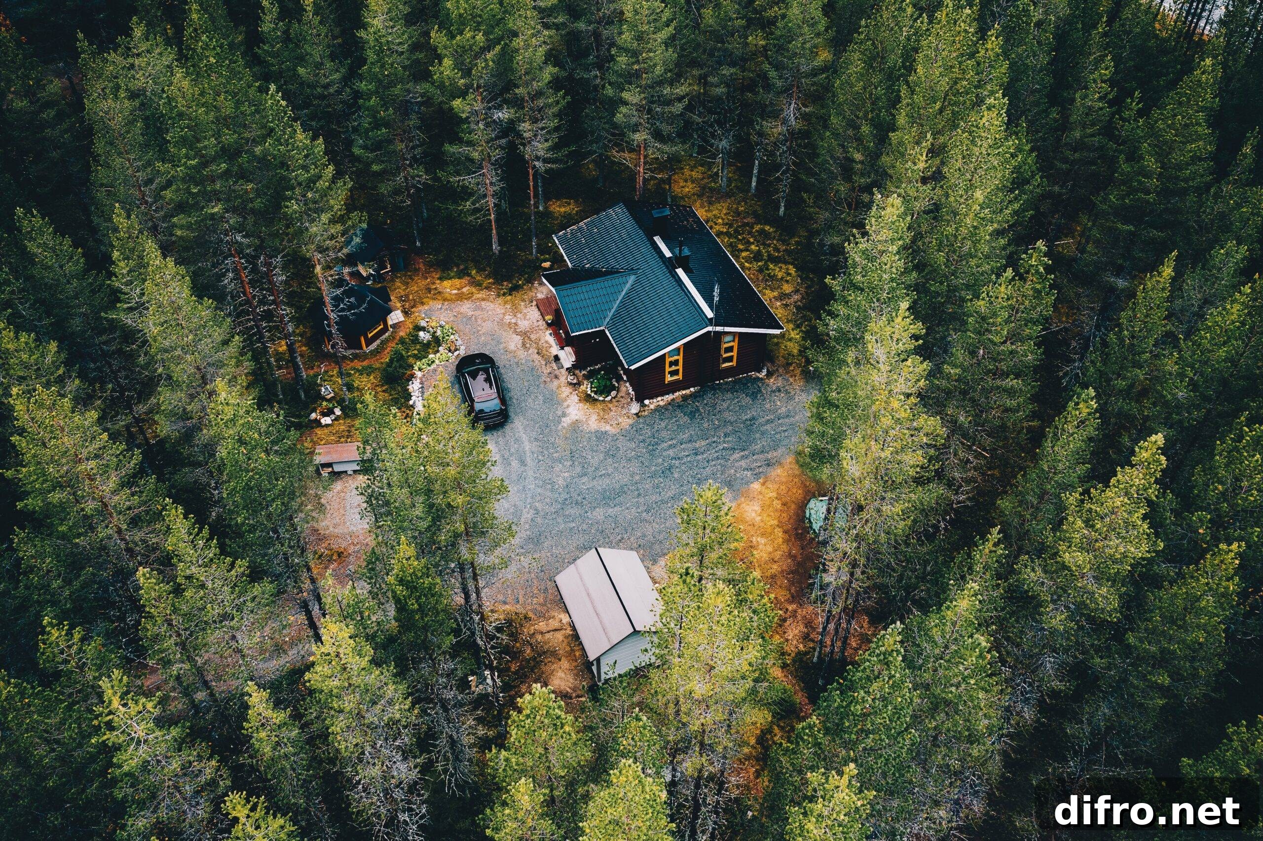Aerial view of secluded cottage in the woods. Log cabin in the forest in rural Finland. View from above.