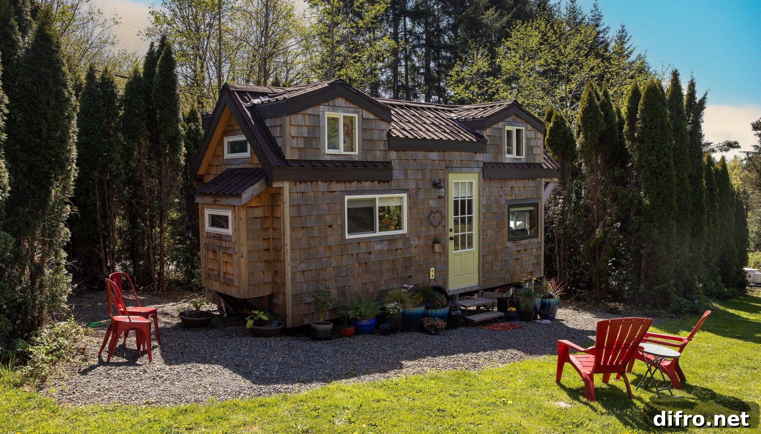 A stone tiny home surrounded by trees.