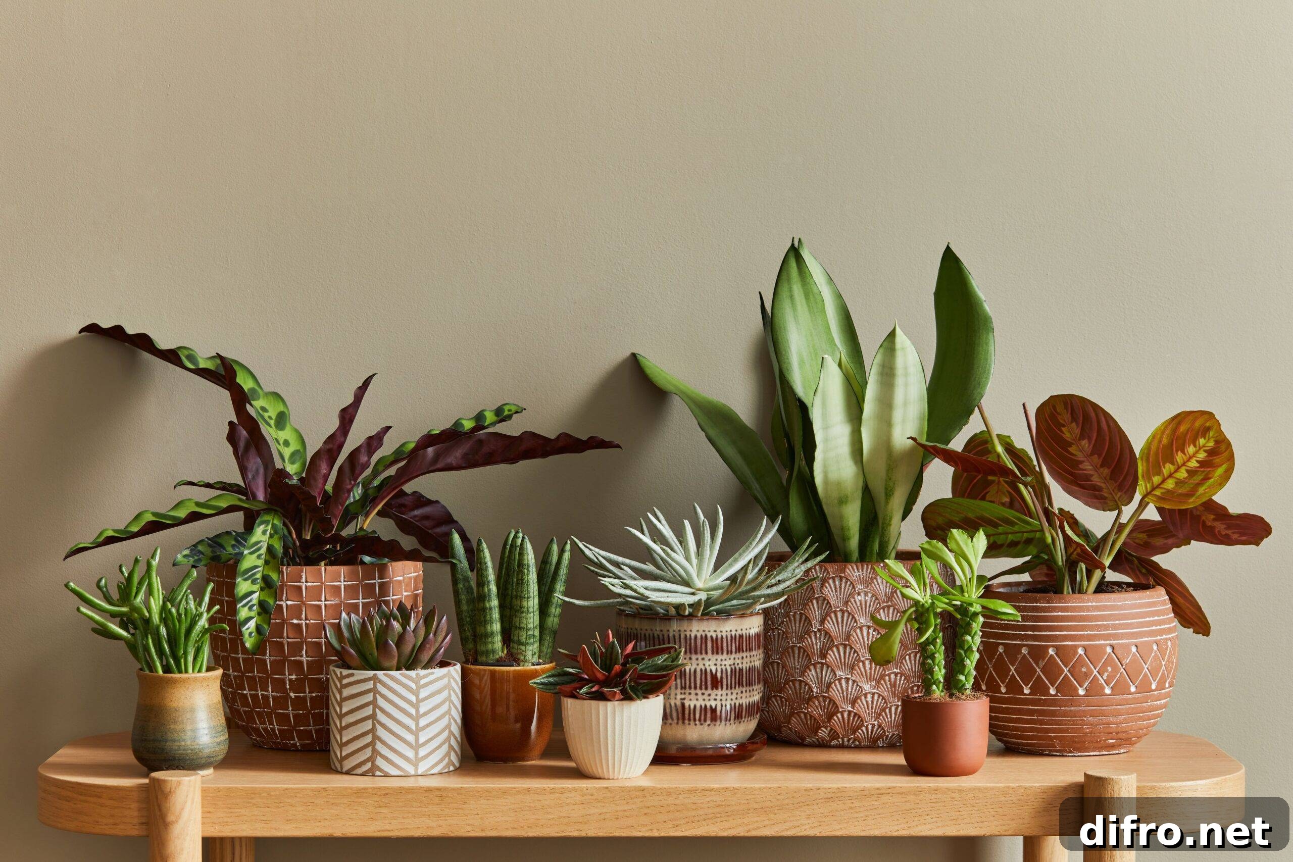 A series of houseplants in stylish pots on a wooden table.