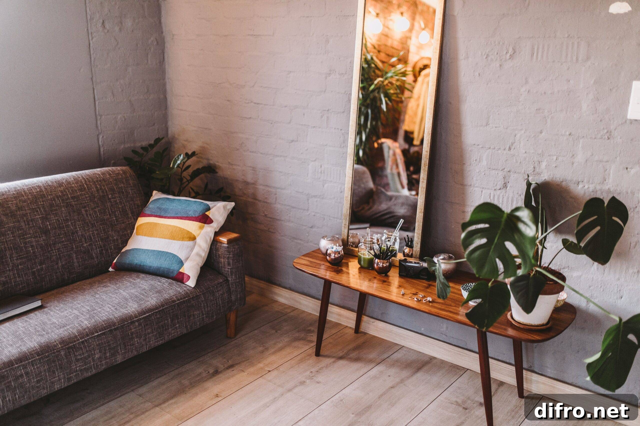 Living room corner with couch and tall mirror