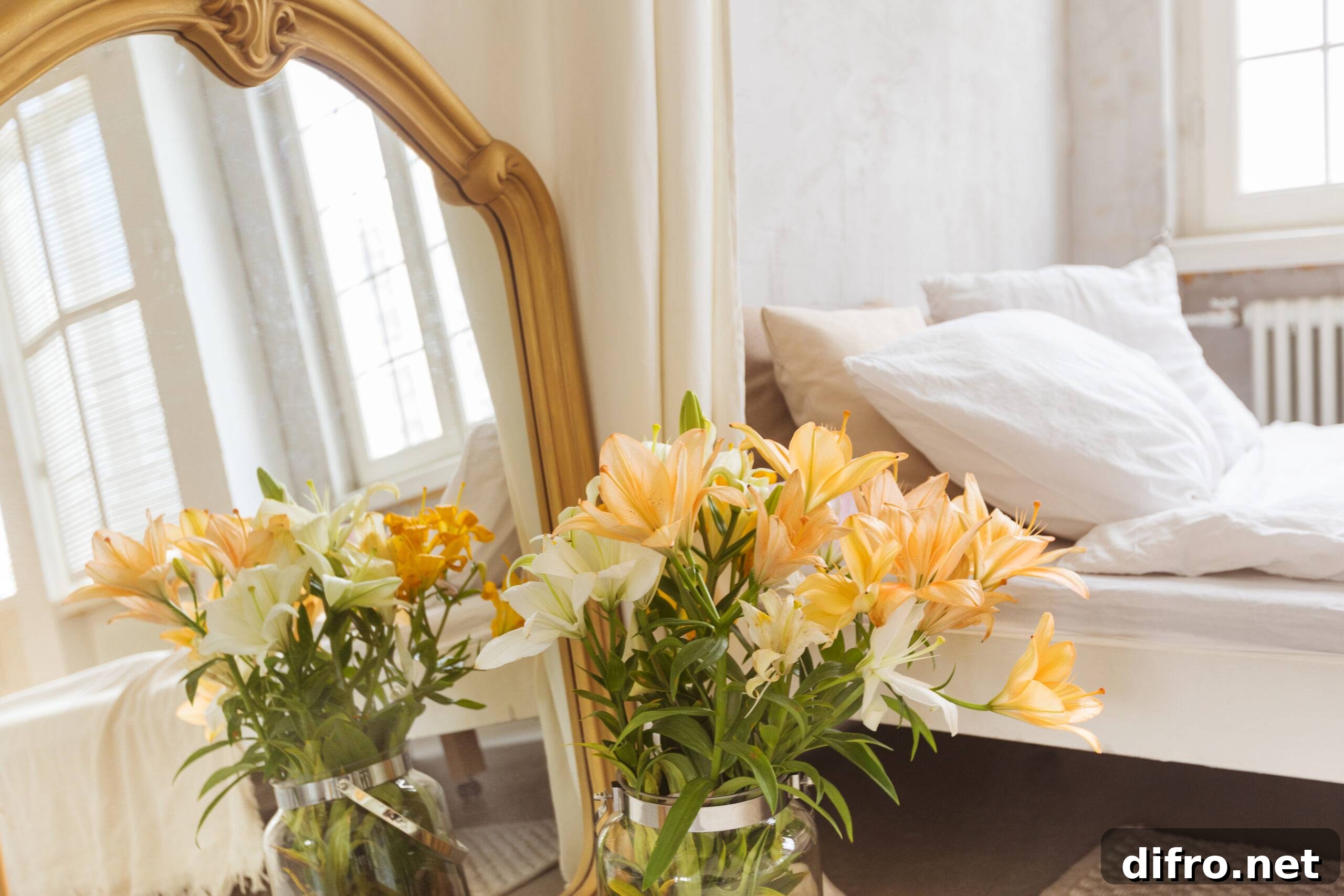 Elegant bedroom with mirror and flowers near the bed