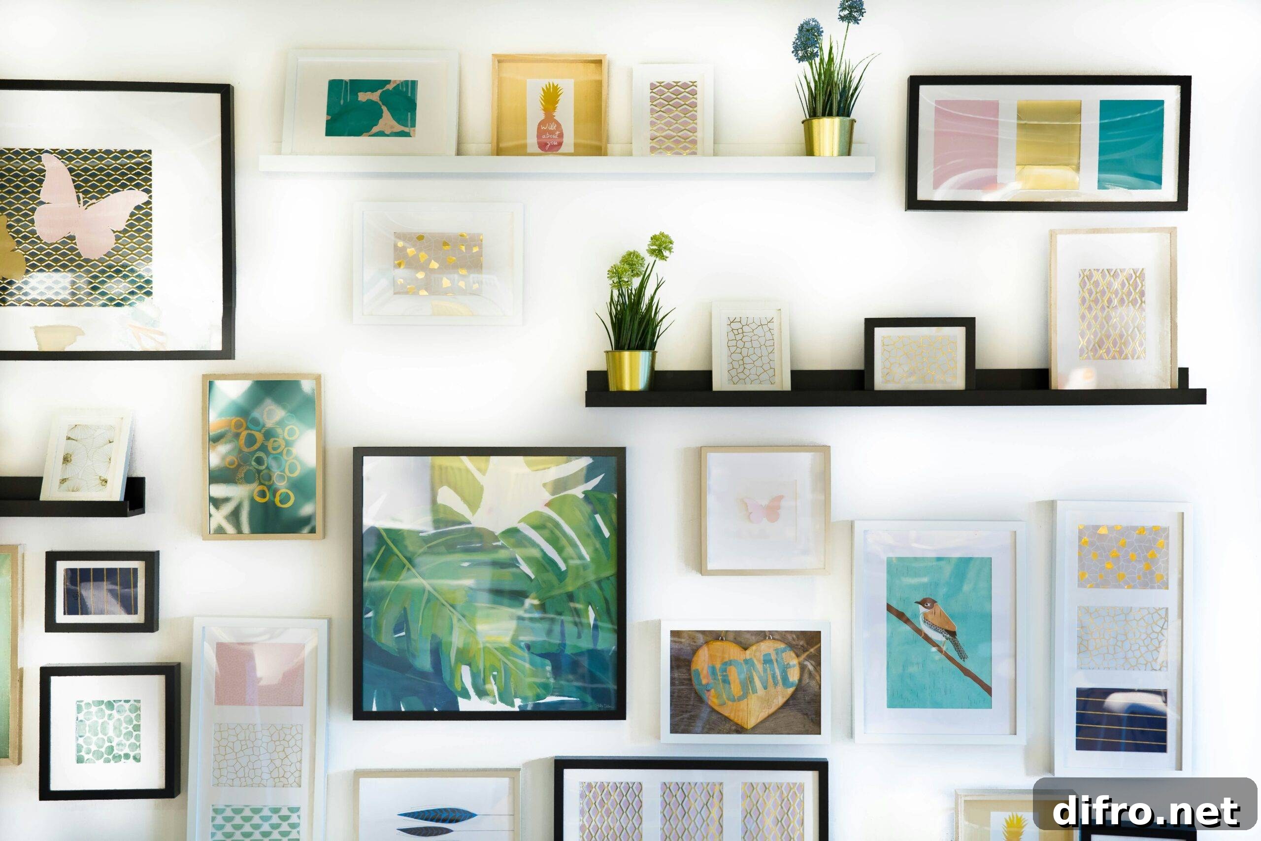 A wall covered with framed art and shelves with small items.