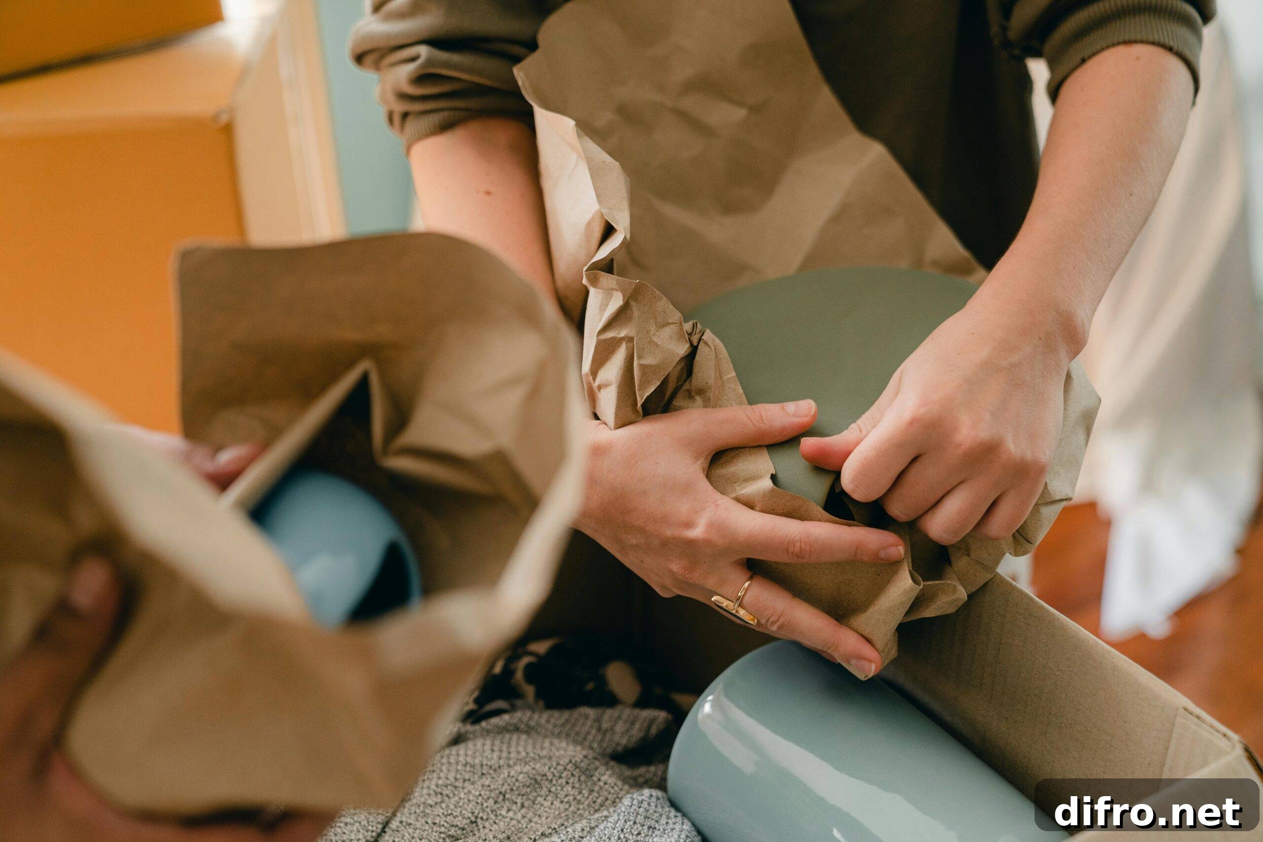 Two people wrapping dishes to put them in a box.