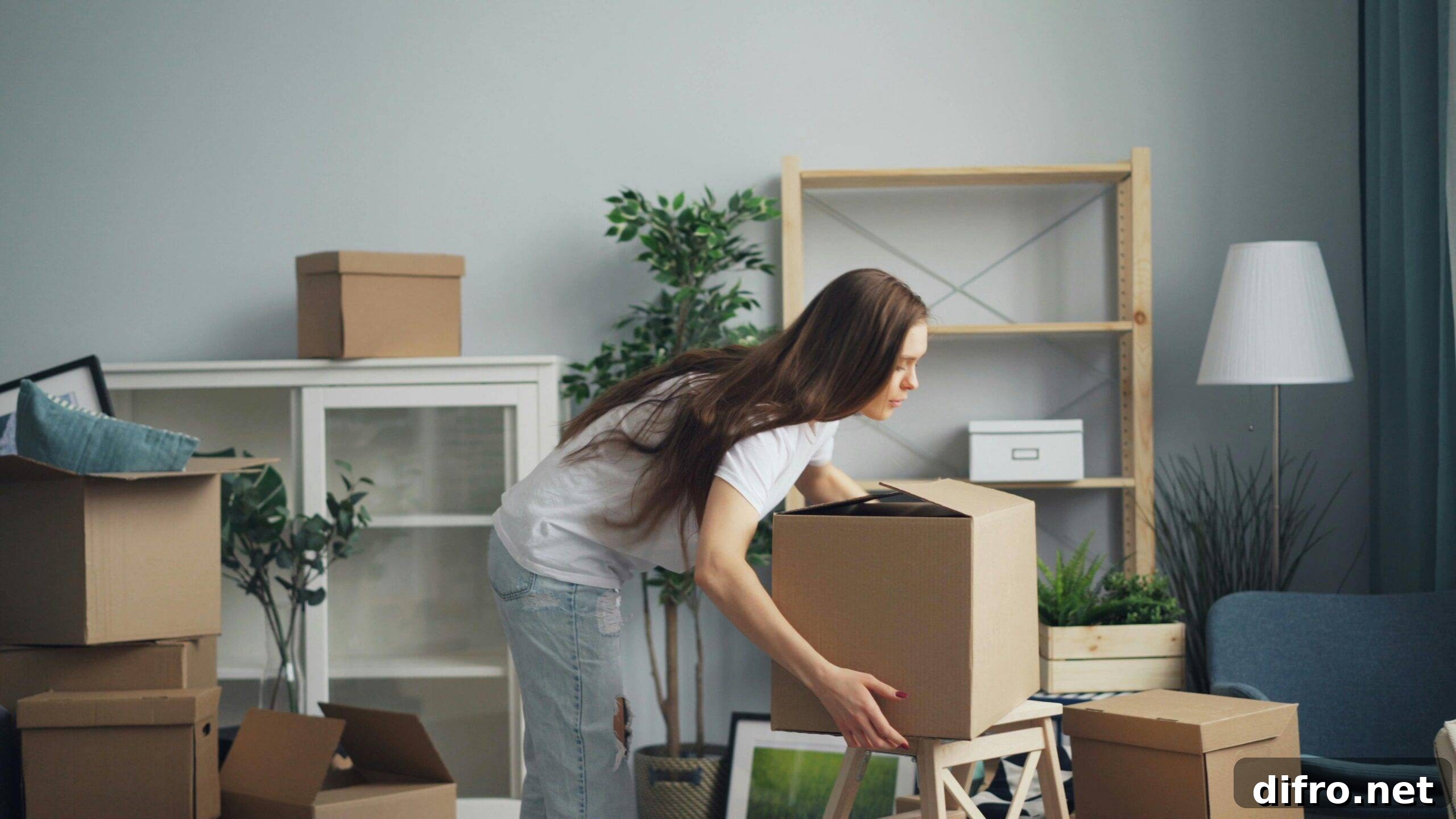 A woman bending over to place a moving box on a table.