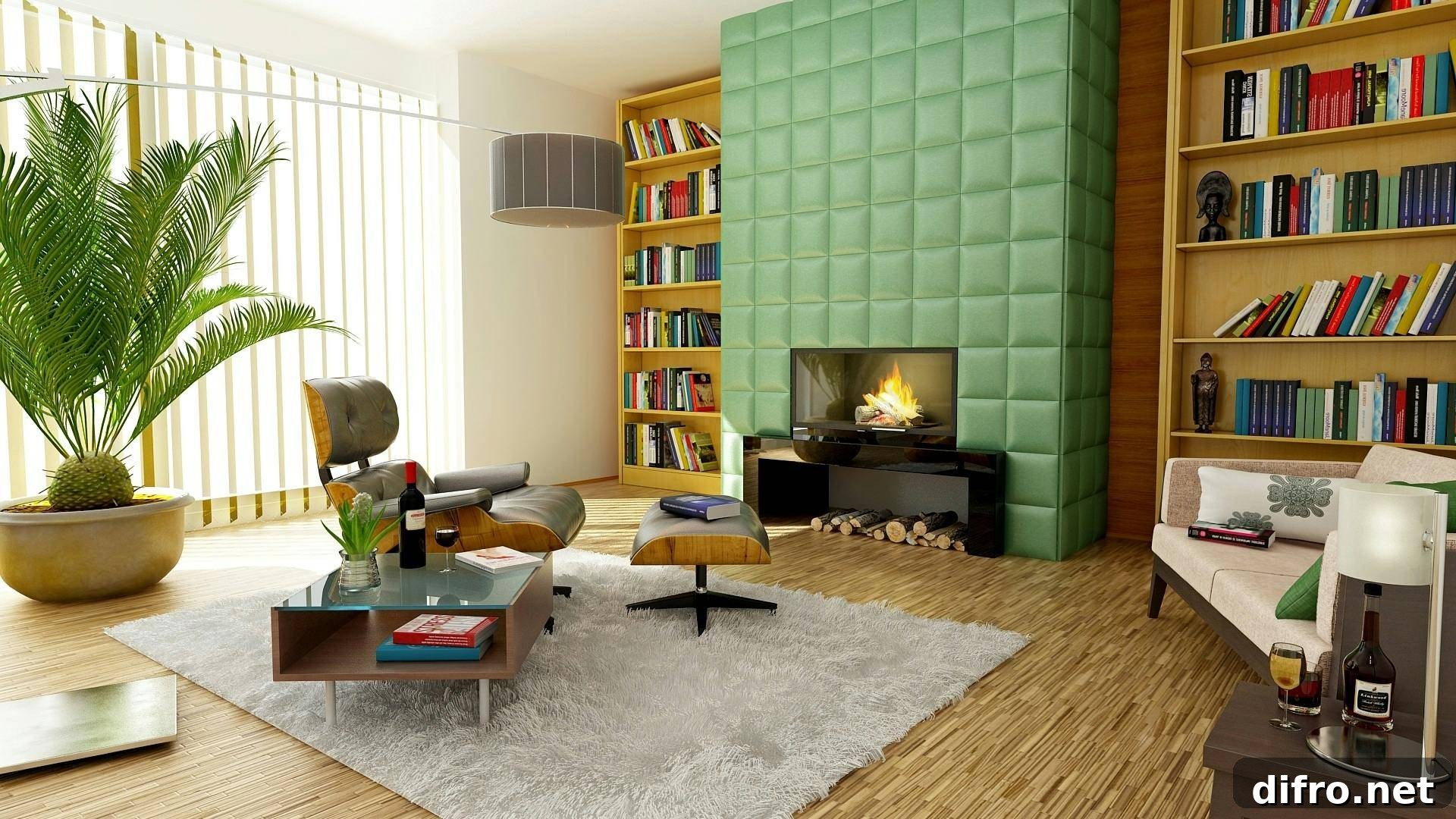 A modern, but quirky living room with a central armchair instead of a couch and mint green tiling on the wall.