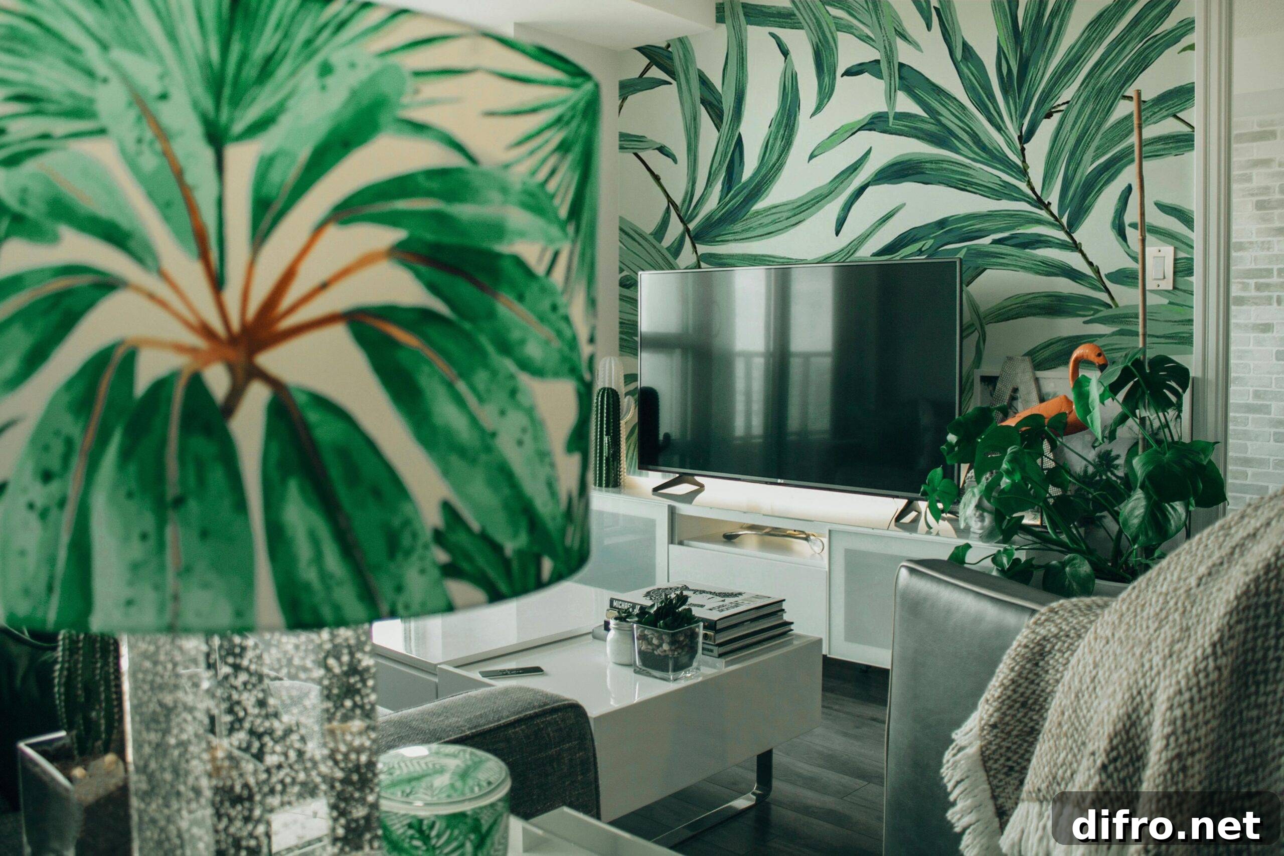 A living room in a plant-themed living room.