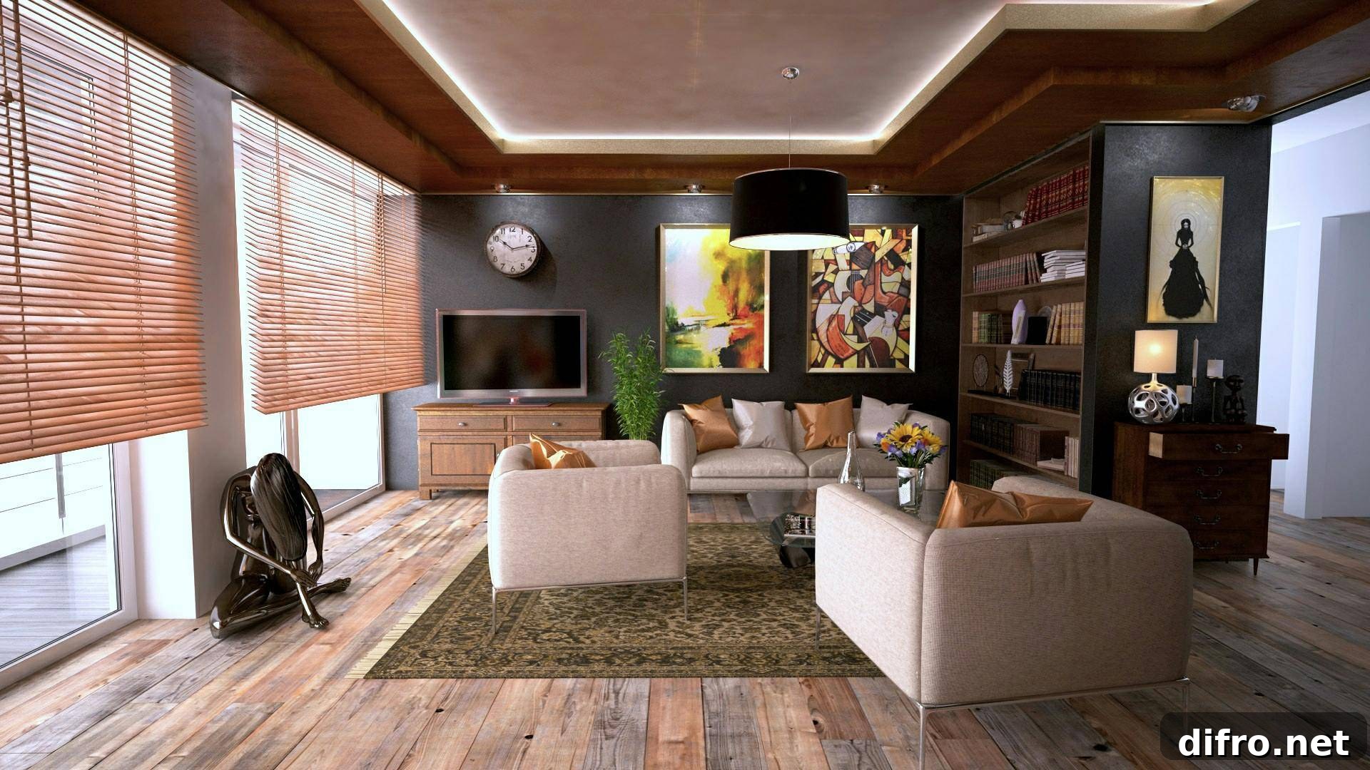 A large living room with big windows and dark walls, decorated sophisticatedly.