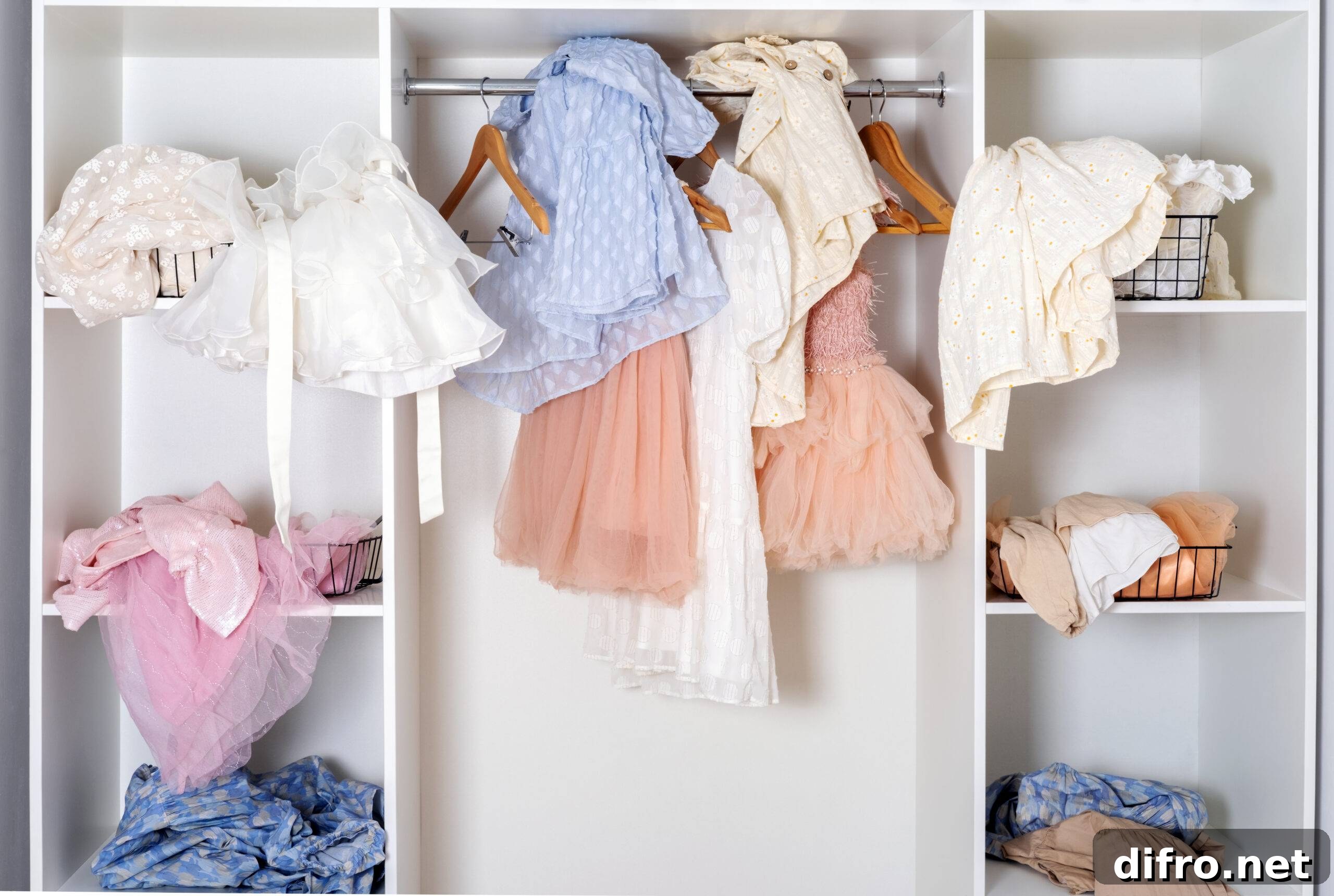 Messy dressing room shelves with stack of clothes.