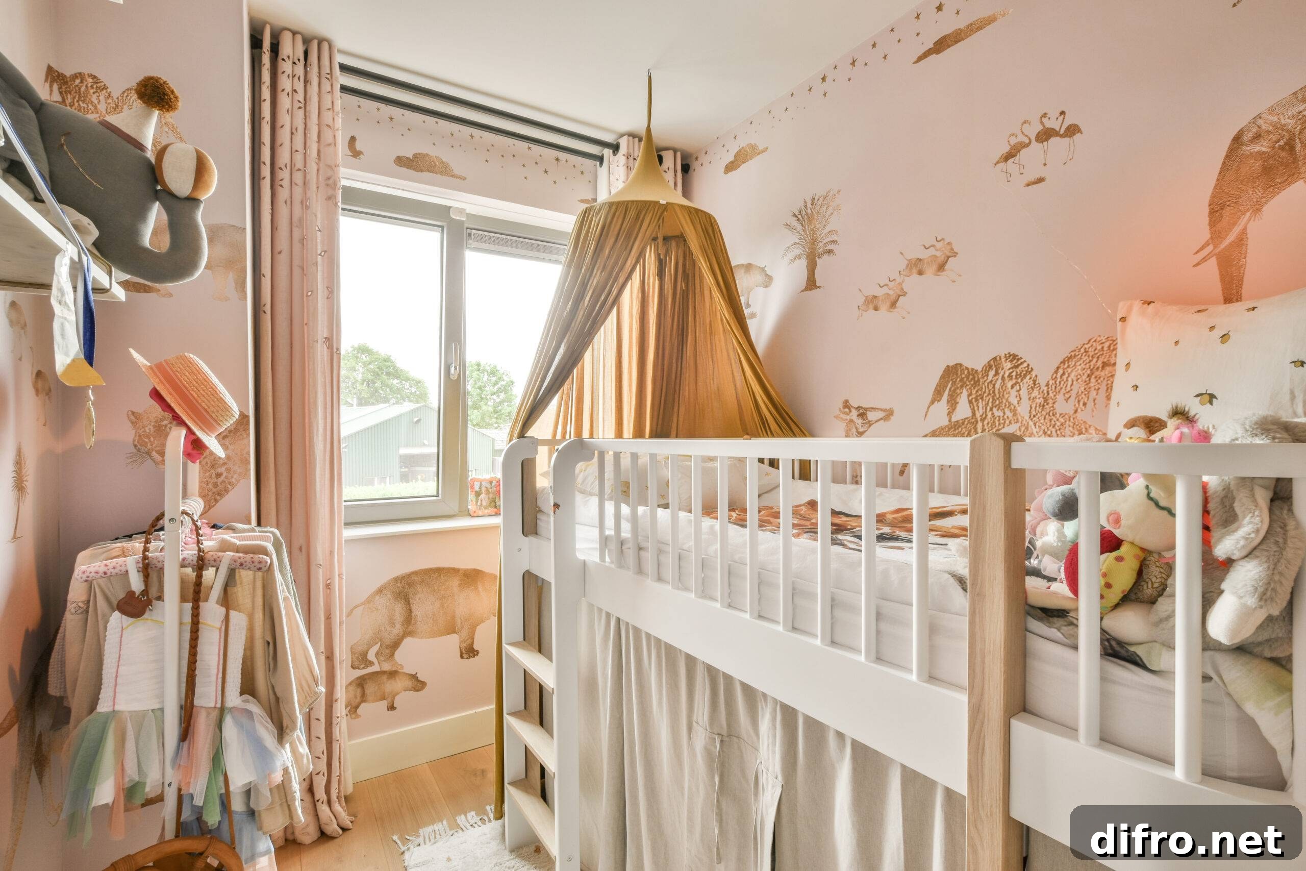 Interior of modern kid bedroom with bed and shelves with various toys at home
