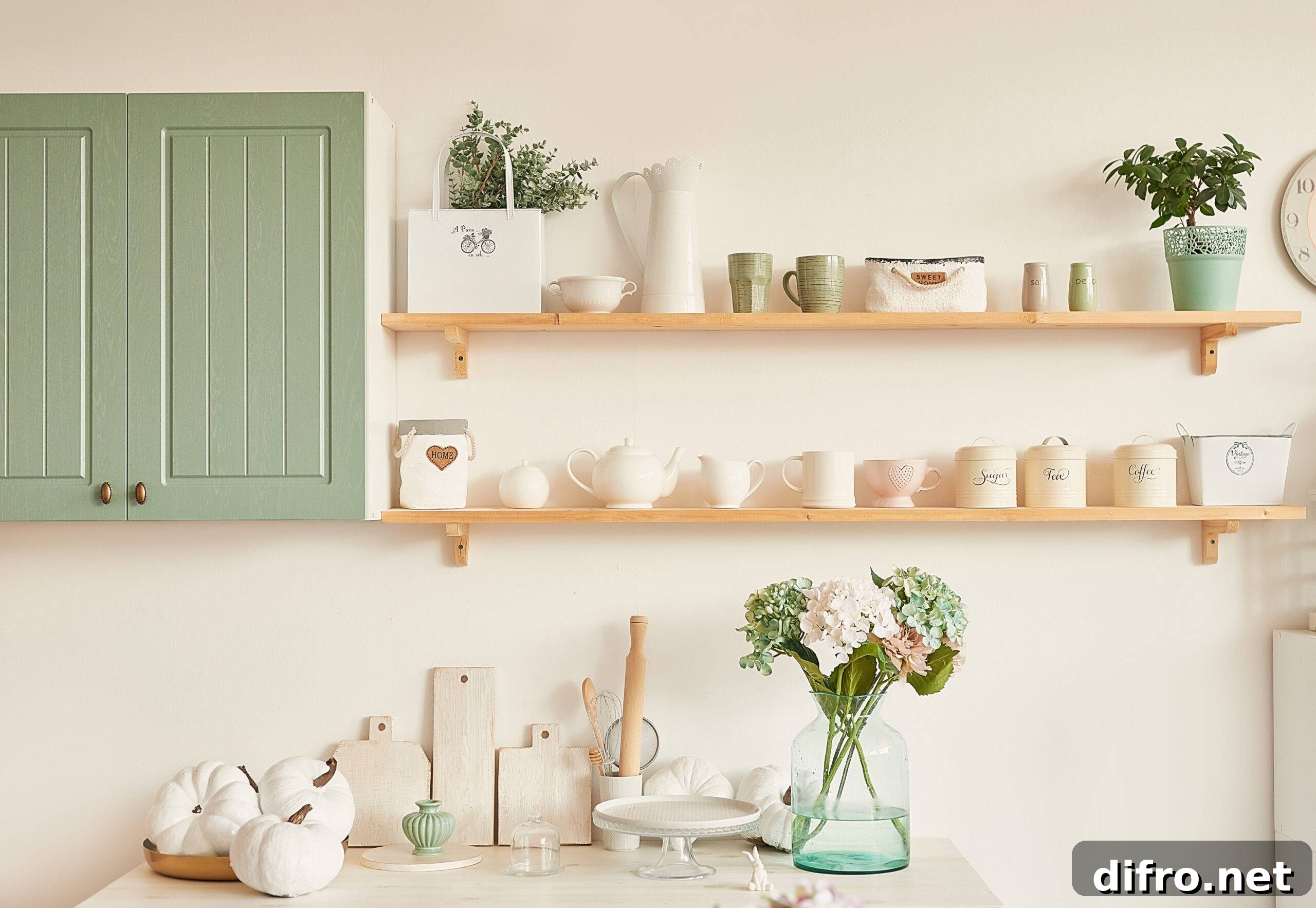 bright kitchen in the style of Provence, on the table dishes and a bouquet of flowers in a vase