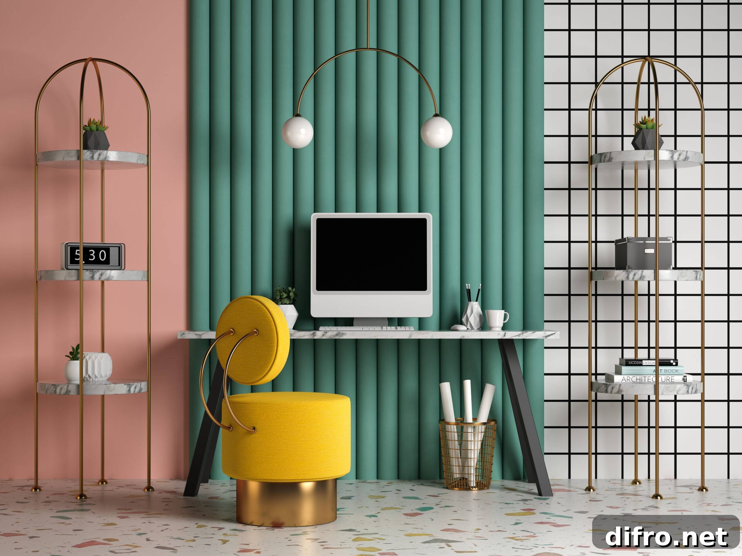 Memphis style conceptual interior Home office 3d illustration