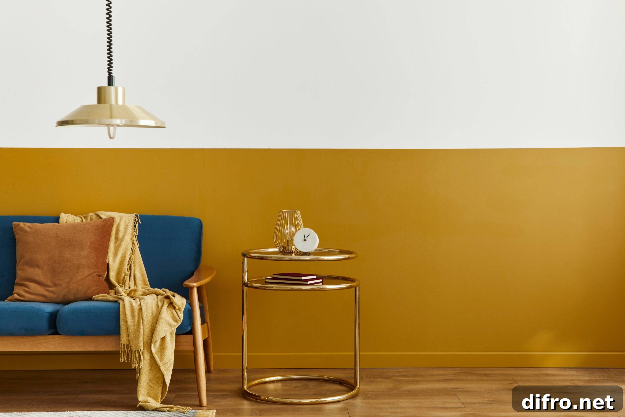 Cozy interior with stylish velvet sofa, carpet on floor, copy space background, gold table, pendant lamp and elegant personal accessories. Modern living room in classic house.